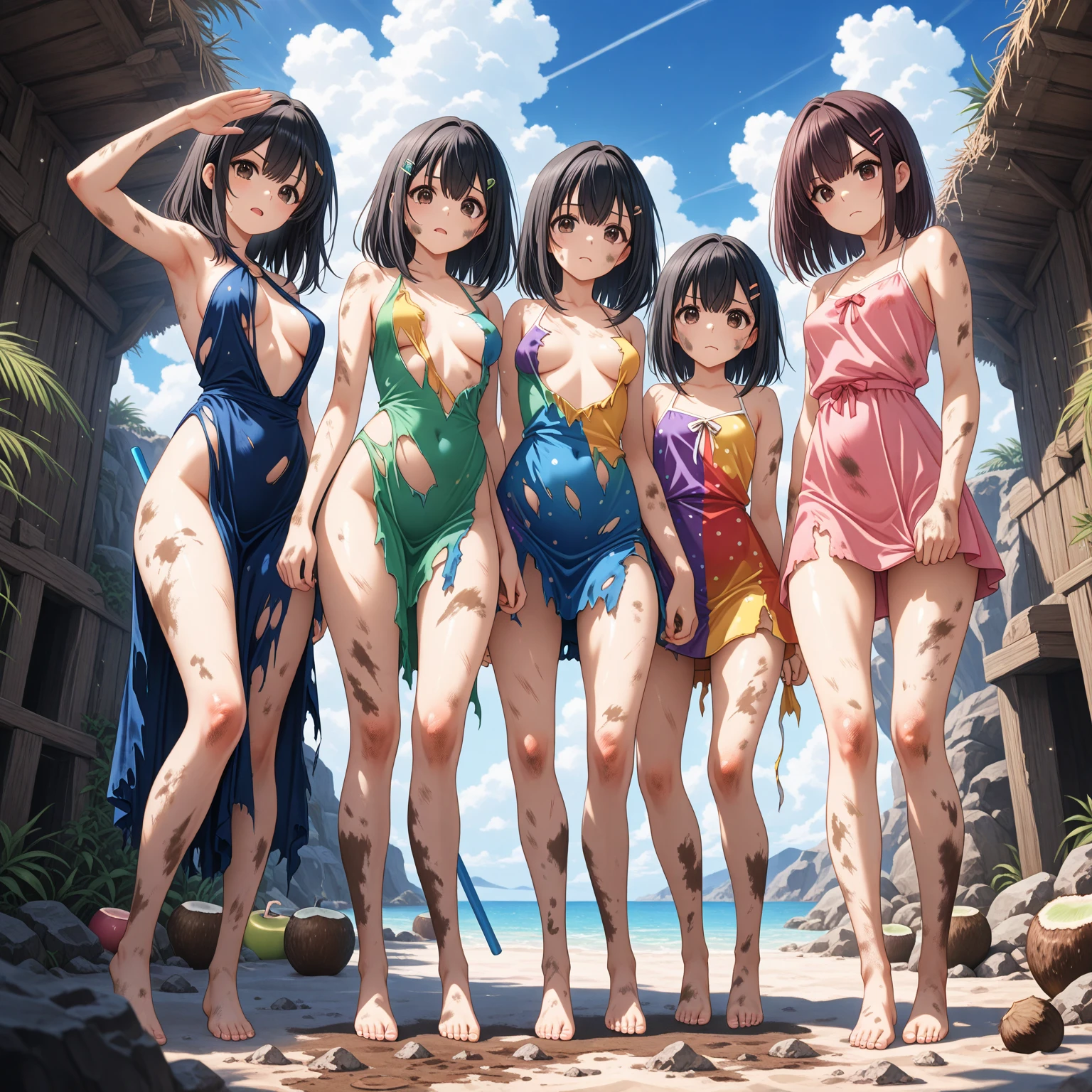 A 22 years old girl, 152cm height, 52kg weight, Brown eyes, brown fringed hair, wearing a bikini on the seaside, fit and toned, barefooted, full body picture,with a shy smile onto her face
