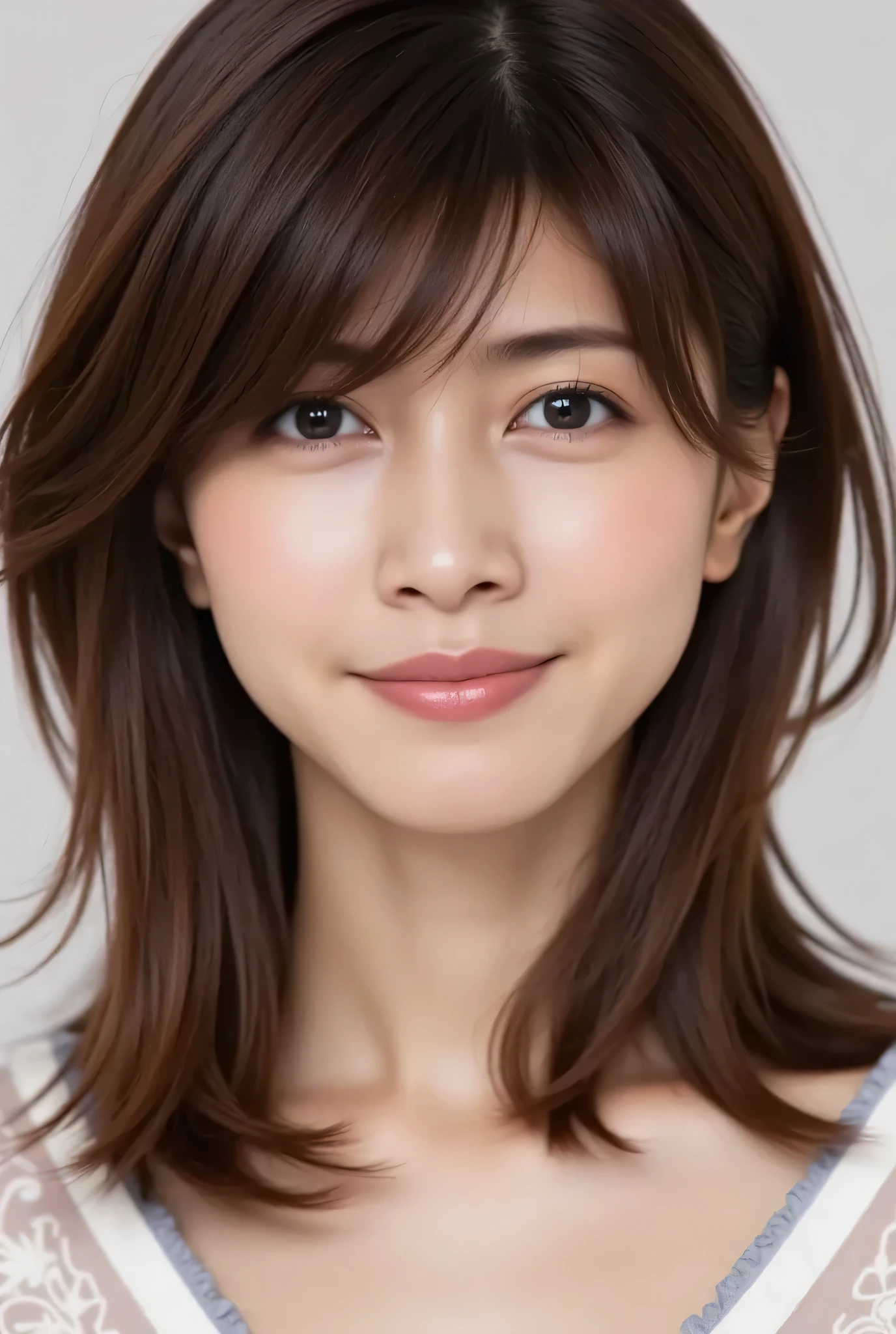 looking at viewer, beautiful skin, beautiful eyes, beautiful face, highly detailed eyes, make up, Brown straight medium hair that reaches her shoulders, masterpiece, Super Details, Best lighting, Realistic and Realistic Pictures, high definition RAW color pictures, slightly smile, Yuki Uchida