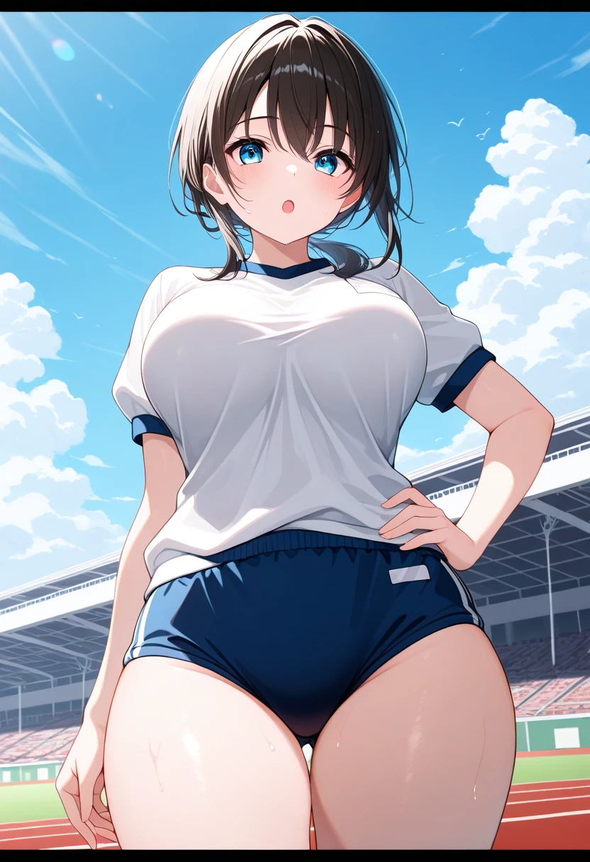 muste piece,masterpiece,highest quality,Super detailed,High resolution,8K portrait,Unity,8k壁紙のHigh definitionCG,cute type,little:1.5,Lori:1.5,Highly detailed CG unity 8k wallpaper,Realistic,real person, portrait photography,shiny skin,High definition,(16 years old:1.2),(One girl beautiful clear eyes,extremely detailed description,delicate face,nice lips,slender body,small breasts,same,thin waist,thin legs,(Atlantic stadium track:1.6)、cute type,perfect face,seriously,(blush:1.5),((Brown hair Bob hair 1.3)),small breasts,same,((short sleeve gym clothes:1.2)),((clothes lift:1.5)),(half nude:1.5),((climax in vagina:1.5)),(hands behind head:1.5),(spread legs:1.2)