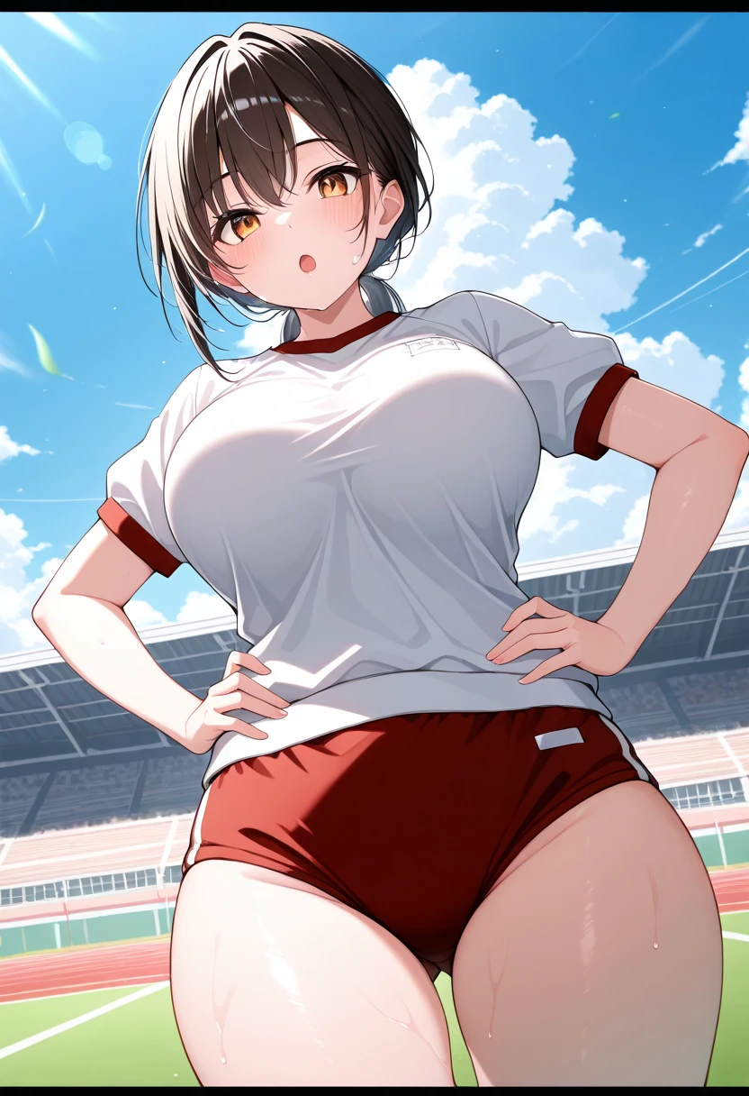 masterpiece, best quality, highres, hmkh1, buruma, short sleeves, white shirt, gym shirt, breasts, running, stadium, sweat,