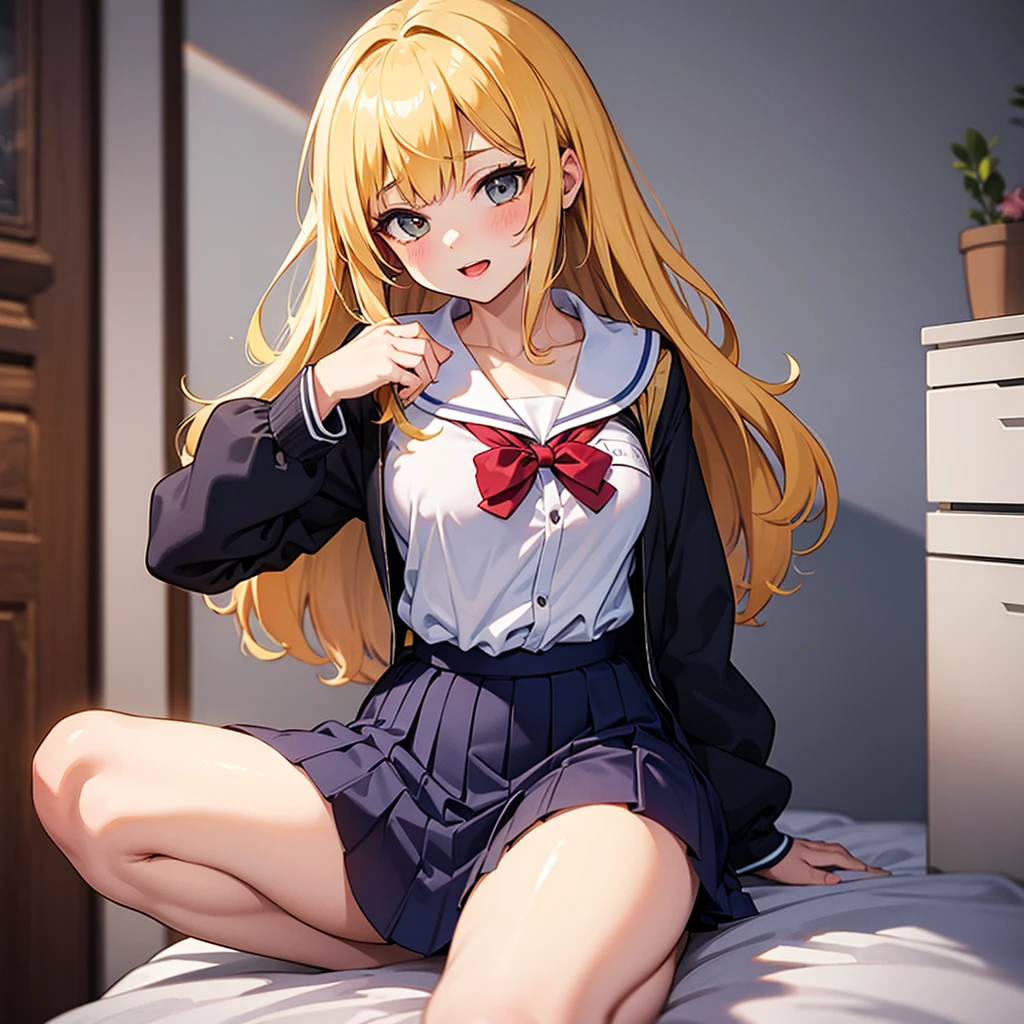 (best quality), [masterpiece], ((beautiful:0.75) cute girl:0.75), [clear and clean], bloom, shy, (school uniform), slender, blonde hair, long hair, hair between eyes, messy hair, knee socks, white panties, white bra, hotel,