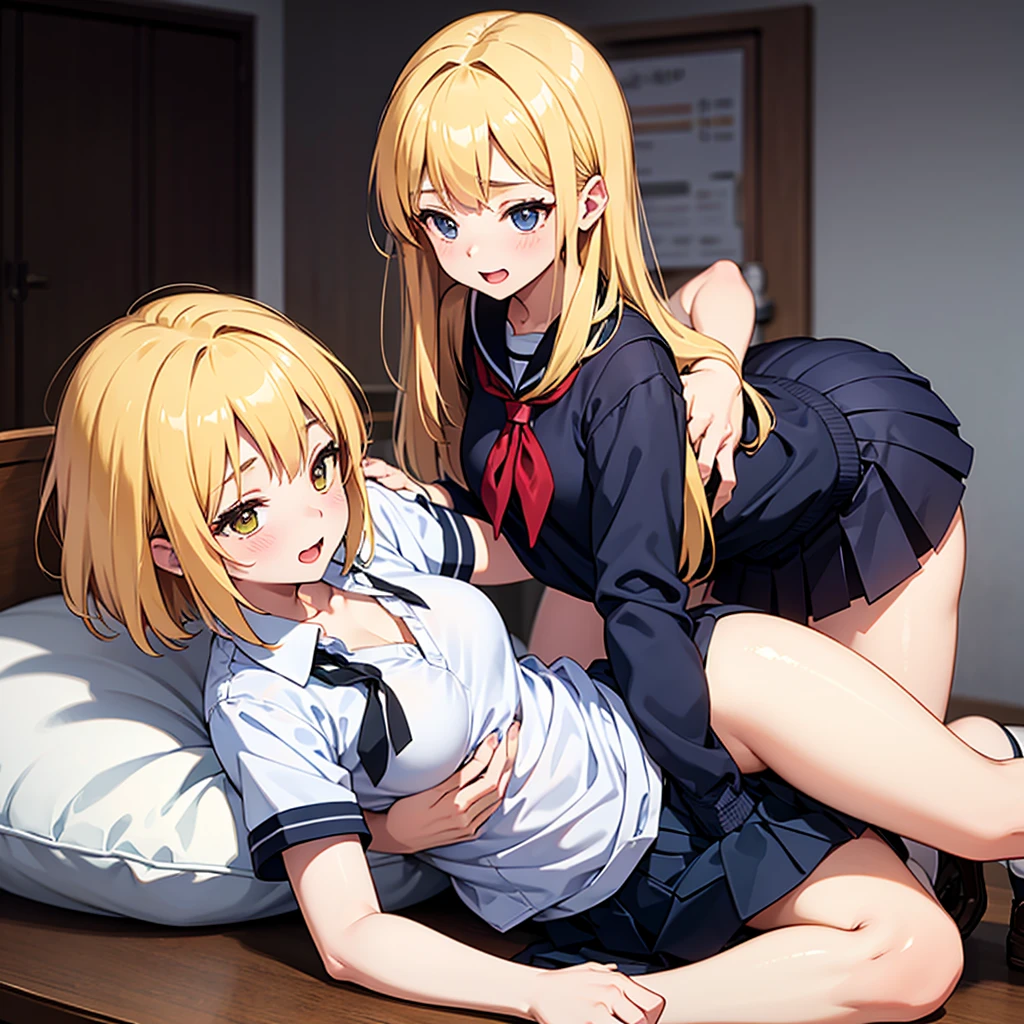 (2 girls:1.5), masterpiece, best quality, (JK uniform:1.3), (bottomless:1.3), (no panty1.3), sheila helman, 12 year old, lace, small breast, (breast out:1.4), (nipples out:1.3), detailed beautiful face, long hair, (drunken eyes:1.3), (embarrassed:1.4), blush, thin arms, thin legs, (bent over), stick out ass, grab ass, (love juice:1.5), (lying on bed:1.3), (after sex:1.5), spread pussy, pussy line,