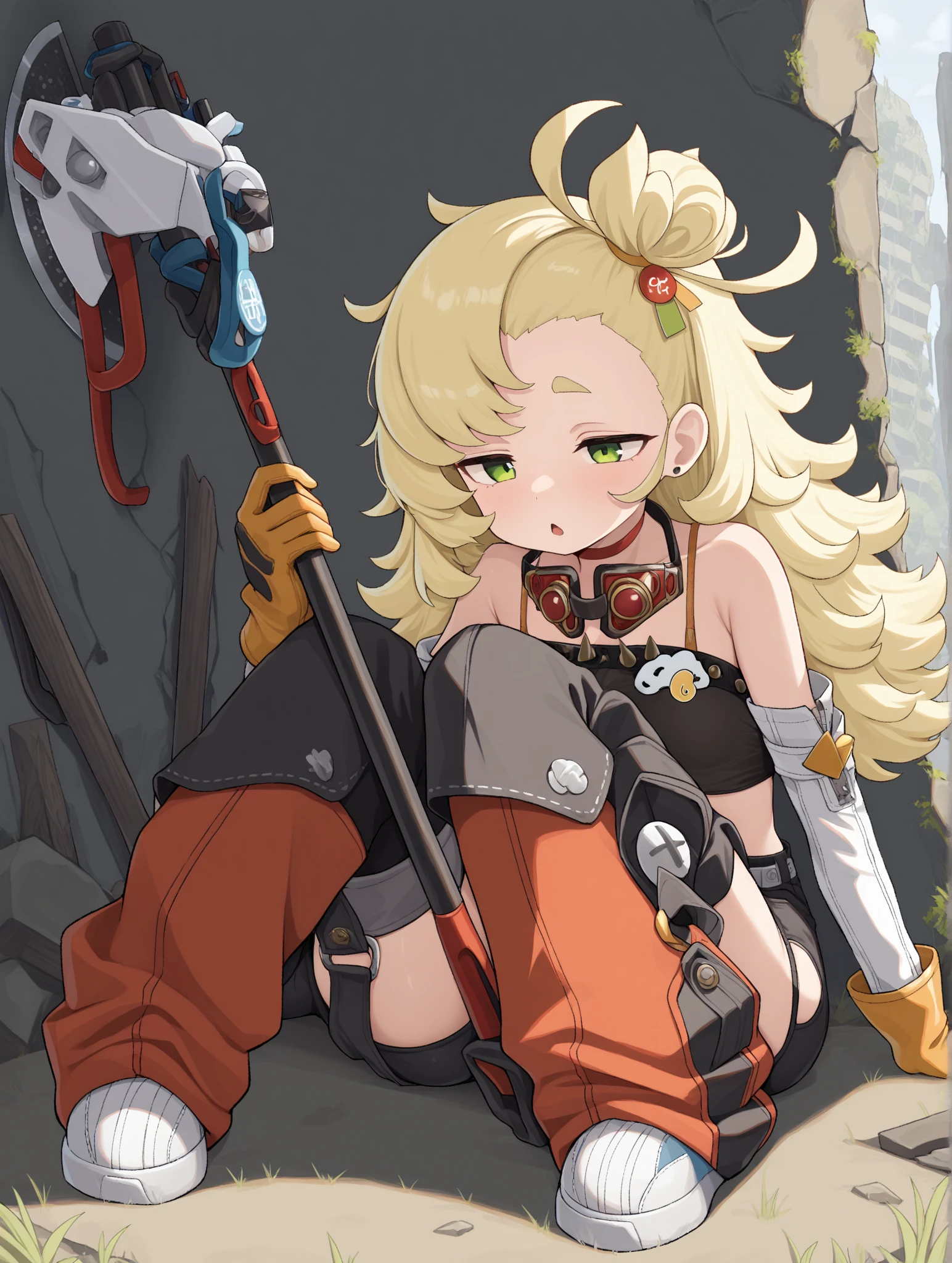 ,Perfect ,don quixote \(limbus company\, Naked、Blonde hair, Short hair, hair between eye, Orange Eyes, She straddles the bayonet、(Musketeers in medieval Europe )、hiqcgbody