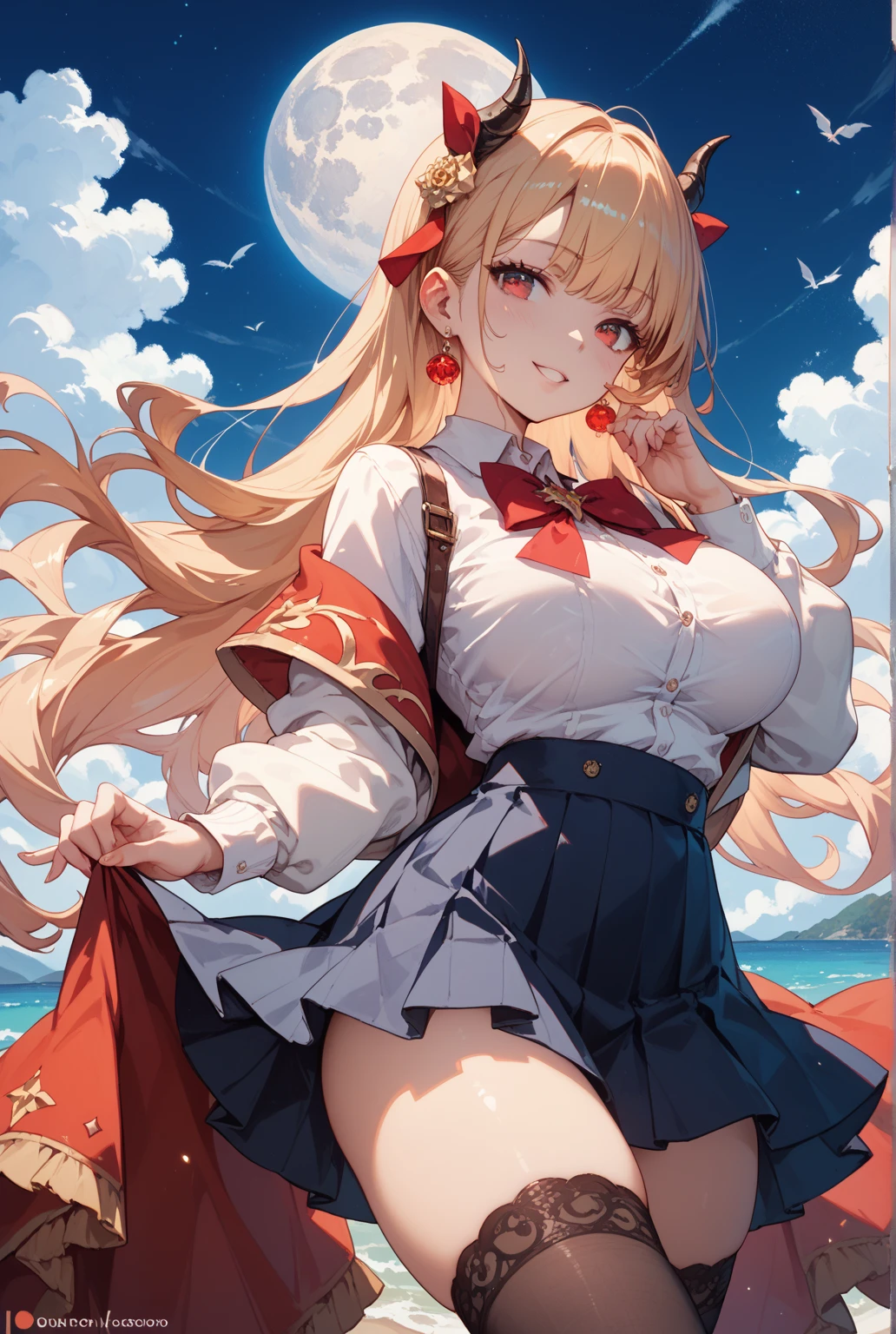 femele,a blond,Red ribbons ,((Impatient expression)),Beautiful breasts,White shirt,onepiece,well-styled,,(Facing the front)(((Blushing cheeks、embarassed expression)),(((The skirt is rolled up by the wind)))、White panties in full view、Teary-eyed