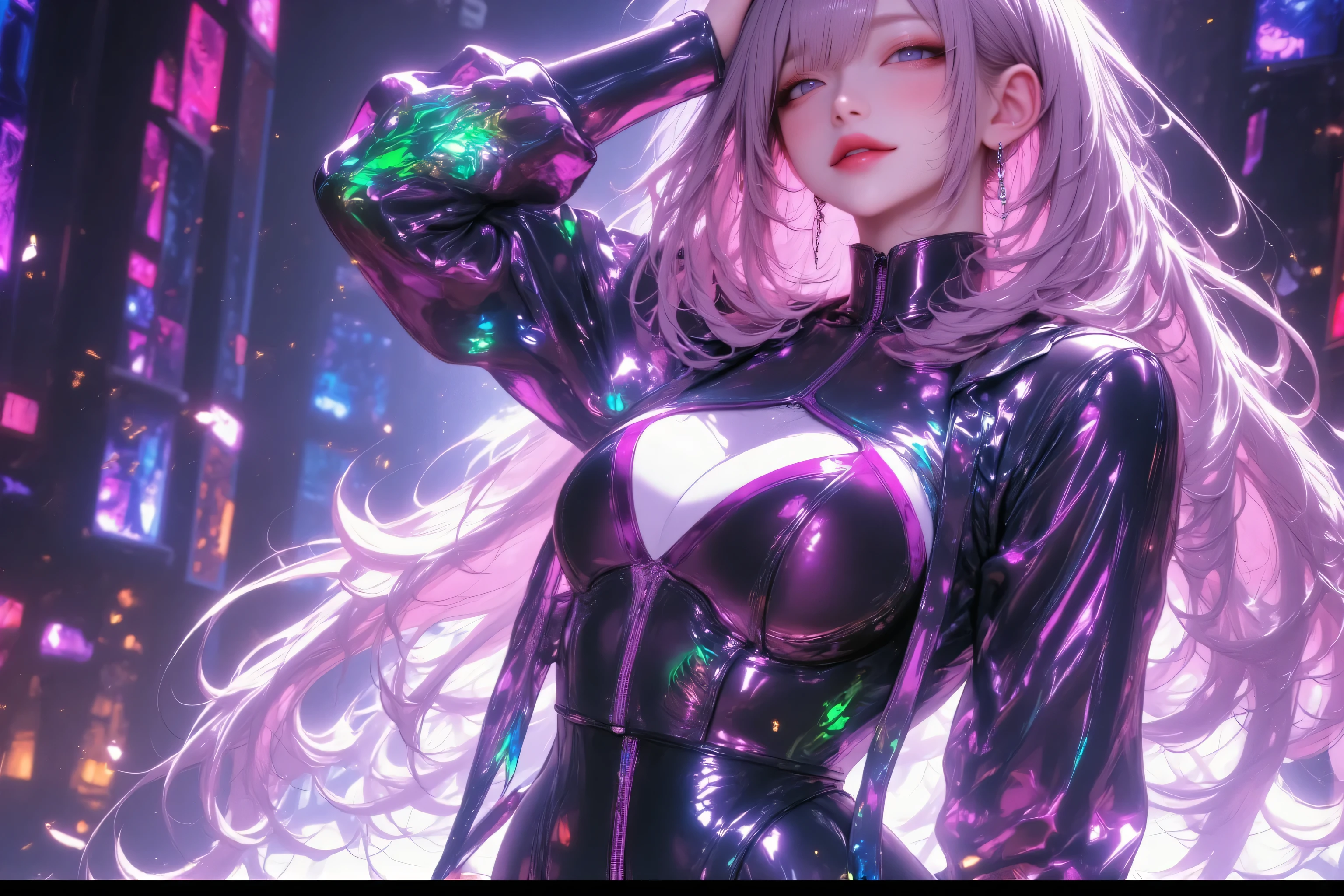 Masterpiece, best quality, 1girl, with long flowing iridescent hair in shades of purple, blue, and green, wearing a sleek black bodysuit, standing in a dramatic pose with one hand on her hip and the other holding a glowing, magical crystal ball. In the background, a swirling vortex of light and energy adds to the mysterious and enchanting atmosphere of the scene. glow hair, multicolor hair