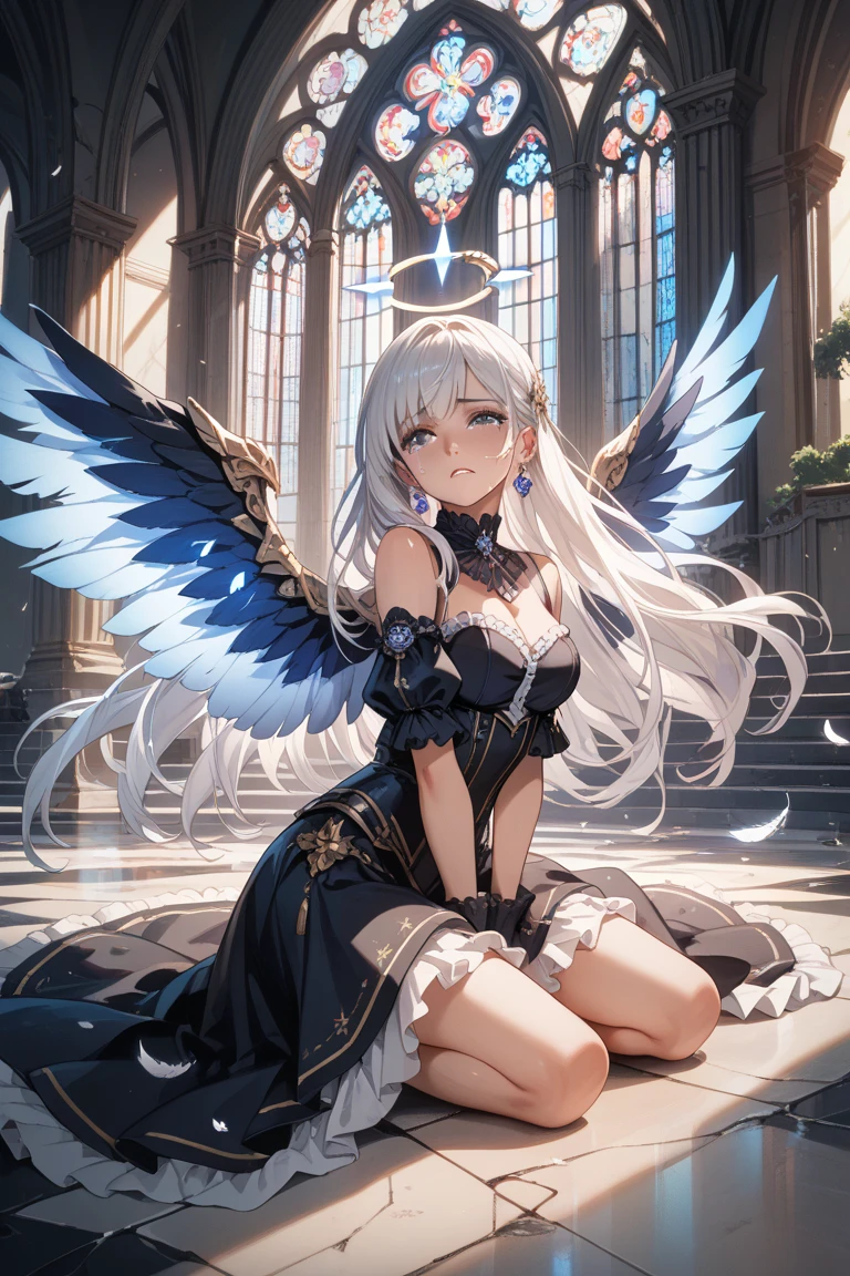 ((best quality)),(Ultra-high resolution),(Super detailed),(Detailed description),((Best CG))(Fantasy art with precise details:1.5), Black Hair，European classical long dress，(1 Female Angel:1.6),Angel Wings，side，Injuried，Blood，Fall，Serious expression