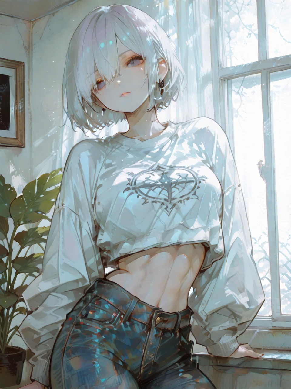 A:A man with big, round eyes white long eyelashes A loose T-shirt with a long, loose waistband My legs are wrapped in lots of bandages Bandage on leg whole body male