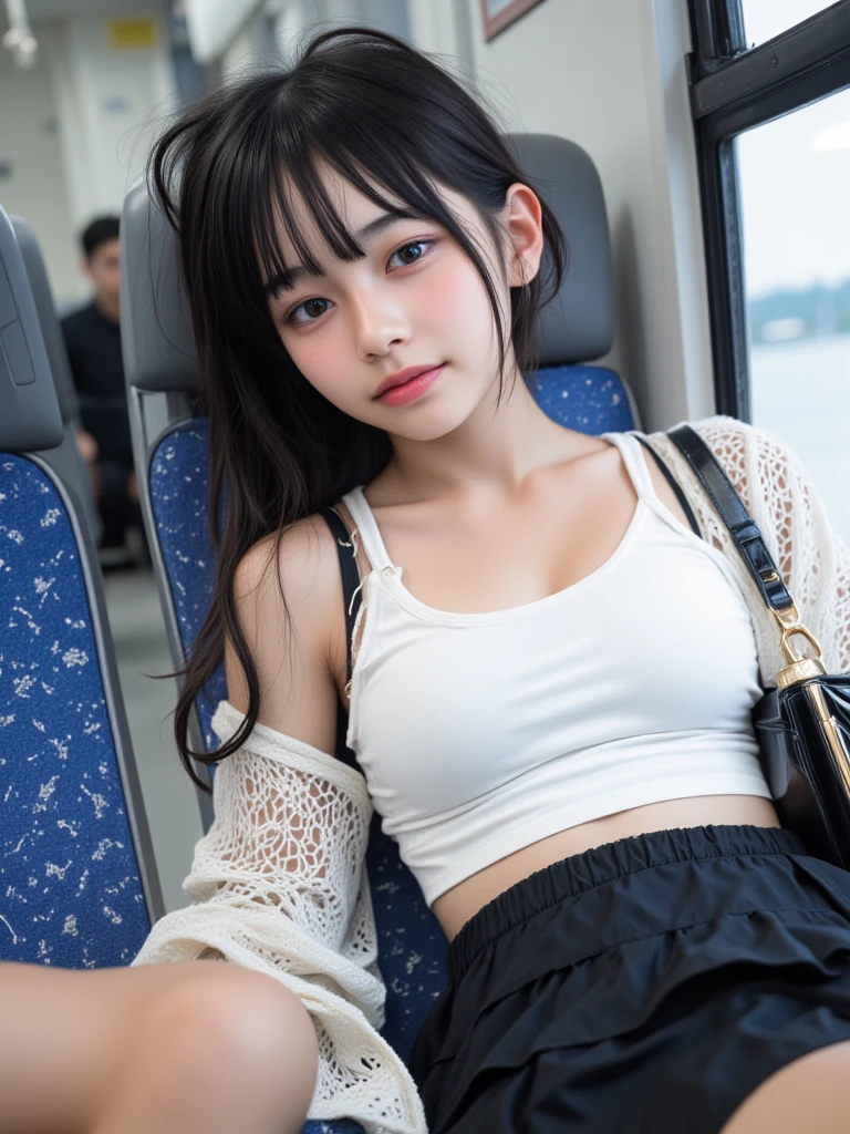8k, RAW Portrait (Japanese women),masterpiece、PhotoRealistic:1.3、Realistic, Ultra-high resolution, highest quality, Real Life Photos ,( in the evening :1.1),(((Showing panties:1.4)))、((Visible panties:1.4))、((A girl sitting on a train seat on the Yamanote Line and looking at her smartphone))、((((1 girl:1.5)))), (((18-year-old adult girl shows off her panties by lifting her skirt on the train:1.4)))、(Cute Face:1.3)、Japanの1 girl,((Japan'Most popular female employees))、(( skirt and light blue short-sleeved blouse:see-through:Bra))、((Japanese High School Uniform:1.6))、short bob hair、(Written boundary depth:1.3)、 ((Dark brown eyes:1.2))、(Real skin texture:1.3)、(Immersive atmosphere:0.8、Chiaroscuro:1.2) 、(Look Viewer:1.3)、((Expressionless:1.3))、((Red cheeks:1.1))、((She is so small, Realistic, Colorful panties made of lace.))、((Showing panties:1.4))、((A woman rolling up her skirt))、((Emphasize panties))、The cutest girl in the world、((Spread your legs out to the side:1.4))、Detailed panties pattern、Panty Focus、{{Red earrings:1.5}}