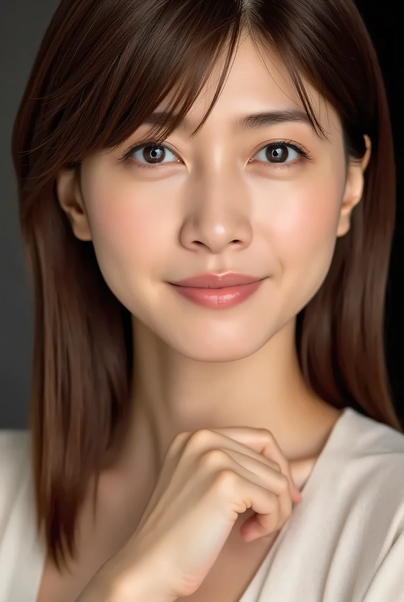 looking at viewer, beautiful skin, beautiful eyes, beautiful face, highly detailed eyes, make up, Brown straight medium hair that reaches her shoulders, masterpiece, Super Details, Best lighting, Realistic and Realistic Pictures, high definition RAW color pictures, slightly smile, Yuki Uchida
