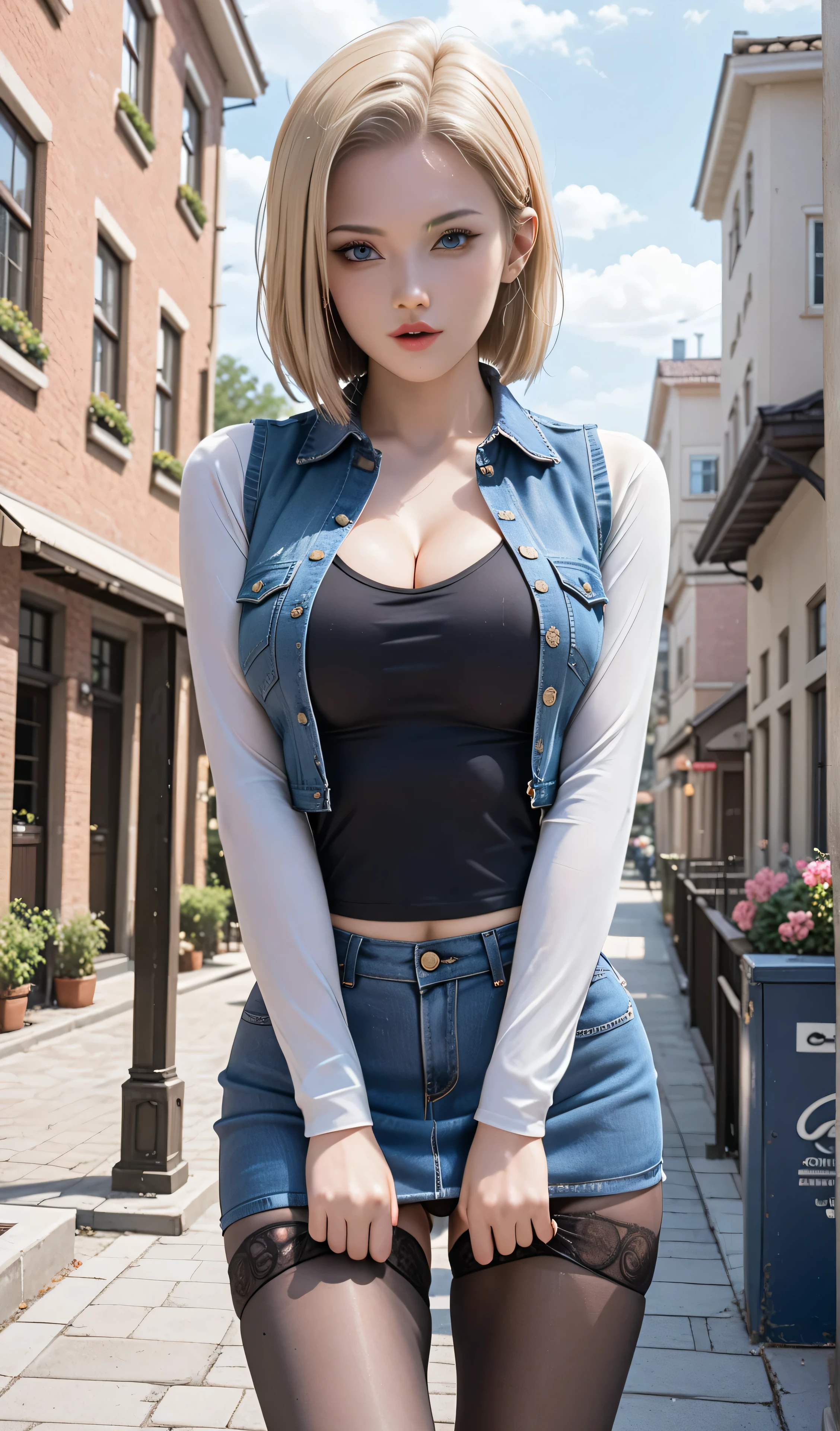 (One girl), (Android 18), (Her body and eyes face forward), ((She sat on the steps of the driveway outside the building and lifts one side of her denim mini skirt)), ((Intentionally holding the hem of the skirt with the one hand and pushing it up)), ((Her white sexy-panty is visible)), (She wore high leg panties), ((She looks straight at her boyfriend)), (Blonde hair), (Sexy blonde girl), (She wearing light blonde hair), (Medium length hush cut hair), (Her slender legs and stylish short western cow-girl boots are clearly visible under the mini denim skirt she is wearing), (She have Very large breasts bouncing), (Wearing a short blue H-line denim skirt), (Wearing a mini denim vest), (The short mini vest she wears has three small circular buttons), (The denim skirt and denim vest colors match), (She Wear long sleeves), (Long sleeves with black stripes at regular intervals on a white background), (She wears flesh-colored illusion pantyhose), (The pantyhose she wears look like brown stockings), (She wore pantyhose and wore white sexy white panty over them), (No-belt), (Wearing women's Western cowboy-boots), (Wearing a black t-shirt that exposes deep cleavage), (No bra), (Breast areolas outside a black T-shirt), (Clearly exposed), (She winks with her left eye), (Boldly and fascinatingly winks her left eye and stares at me intently), (Sat on the steps of the driveway outside the building), ((Masterpiece))