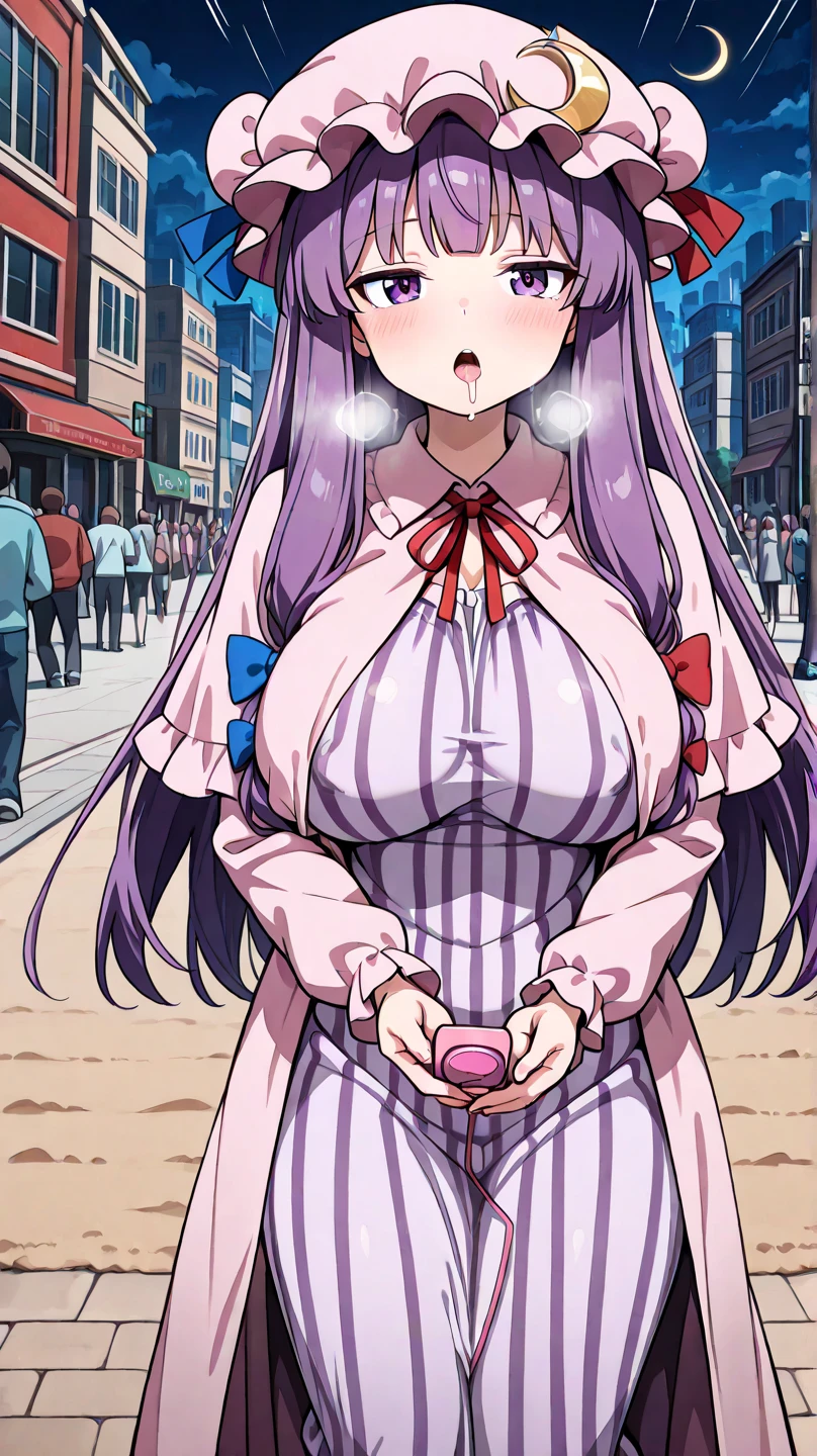 HIMEJIMAKINOKO, LIGHT PURPLE HAIR, TWINTAILS, HAIR BOBBLES, polka dot, VERY LONG HAIR, YELLOW EYES,,, large breasts, , solo, nipple ,Running around、 busy street, wet, crying, naked