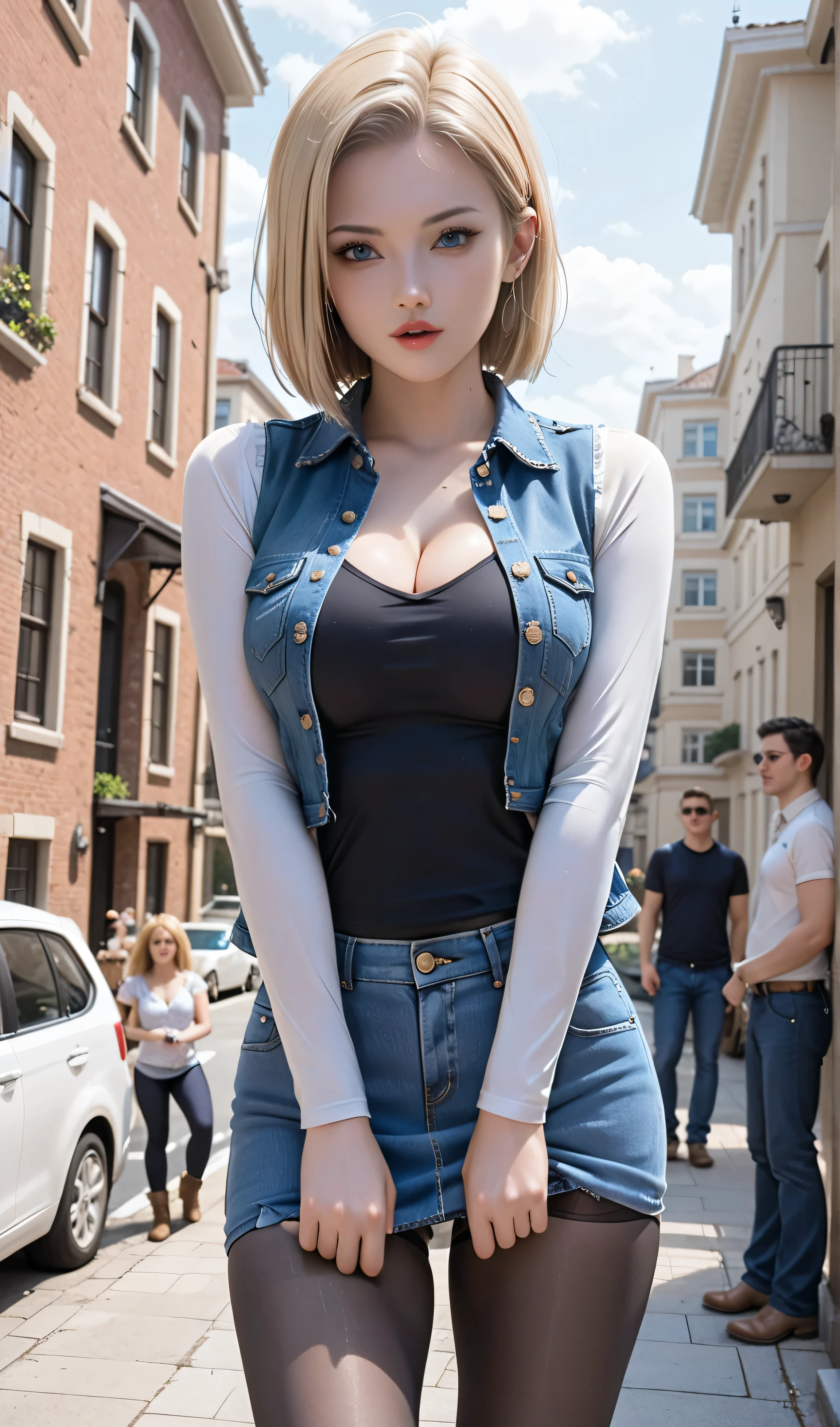 (One girl),  (Android 18), (Her body and eyes face forward), ((She sat on the steps of the driveway outside the building and lifts one side of her denim mini skirt)), ((Intentionally holding the hem of the skirt with the one hand and pushing it up)), ((Her white sexy-panty is visible)), (She wore high leg panties), ((She looks straight at her boyfriend)), (Blonde hair), (Sexy blonde girl), (She wearing light blonde hair), (Medium length hush cut hair), (Her slender legs and stylish short western cow-girl boots are clearly visible under the mini denim skirt she is wearing),  (She have Very large breasts bouncing), (Wearing a short blue H-line denim skirt), (Wearing a mini denim vest), (The short mini vest she wears has three small circular buttons), (The denim skirt and denim vest colors match), (She Wear long sleeves), (Long sleeves with black stripes at regular intervals on a white background), (She wears flesh-colored illusion pantyhose), (The pantyhose she wears look like brown stockings), (She wore pantyhose and wore white sexy white panty over them), (No-belt), (Wearing women's Western cowboy-boots), (Wearing a black t-shirt that exposes deep cleavage), (No bra), (Breast areolas outside a black T-shirt), (Clearly exposed), (She winks with her left eye), (Boldly and fascinatingly winks her left eye and stares at me intently), (Sat on the steps of the driveway outside the building), ((Masterpiece))