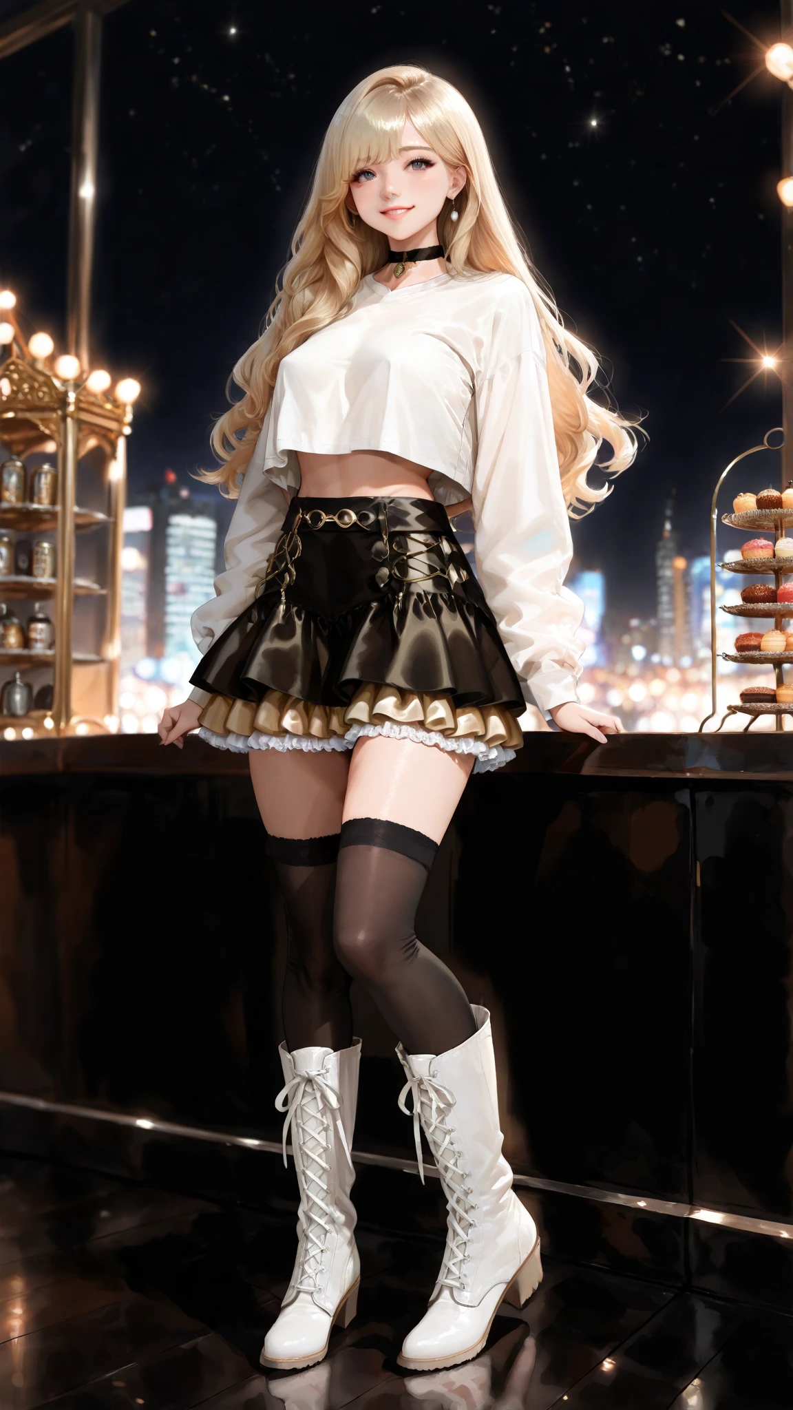 24 year old Caucasian female、Silver Hair、、long hair、Hair becomes wavy、Outstanding proportions、Wear a sheer romper decorated with lace、Breasts are visible through the skin、I can see my belly button、Wear low rise leggings、Wear stiletto heels、Cowboy Shot、sexy pose