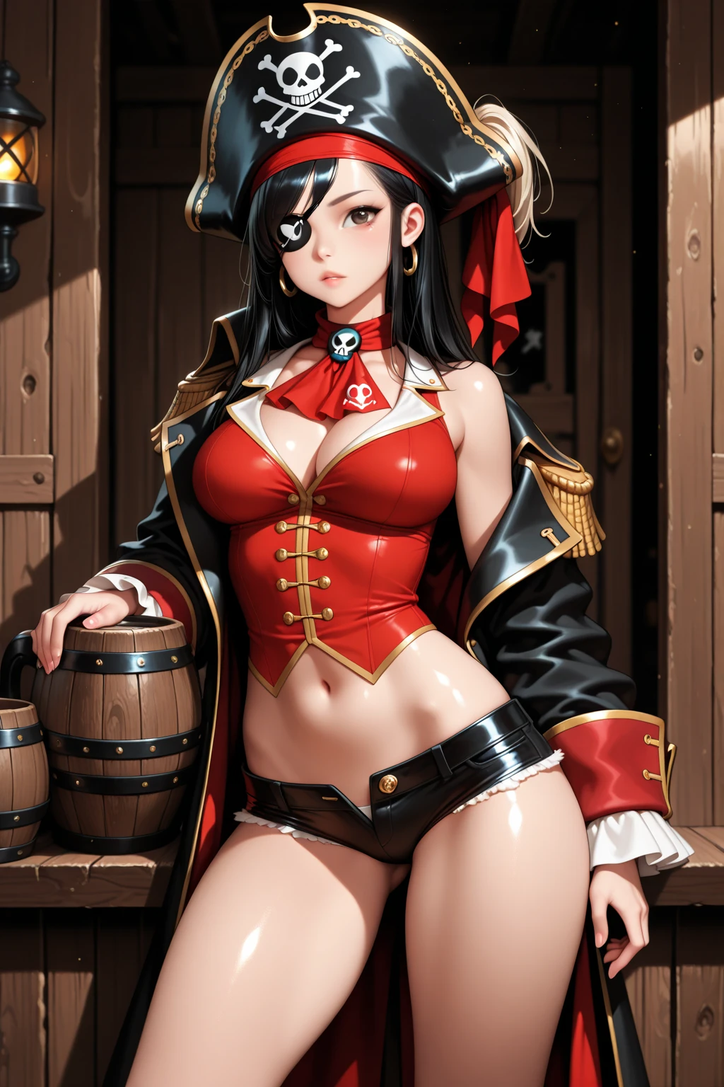 melhor qualidade, Girl long hair black long dress red cape black breasts medium belt black bright red eyes, cabelo preto, colar, Pose fofa, black collar high black pants, expression brava at the corner of his mouth, pose de lado, batom vermelho na boca, dentro de um navio, em alto mar, mar atras, Olhos vermelhos, cabelo curto pretos, olhos vermelhos brilhantes, pirata, navio de pirata, Pose para foto, com uma katana, segurando um livro, arqueologa colar, bracelete, usando oculos de arqueologa, boa hancok Cobra amarela pose sexy