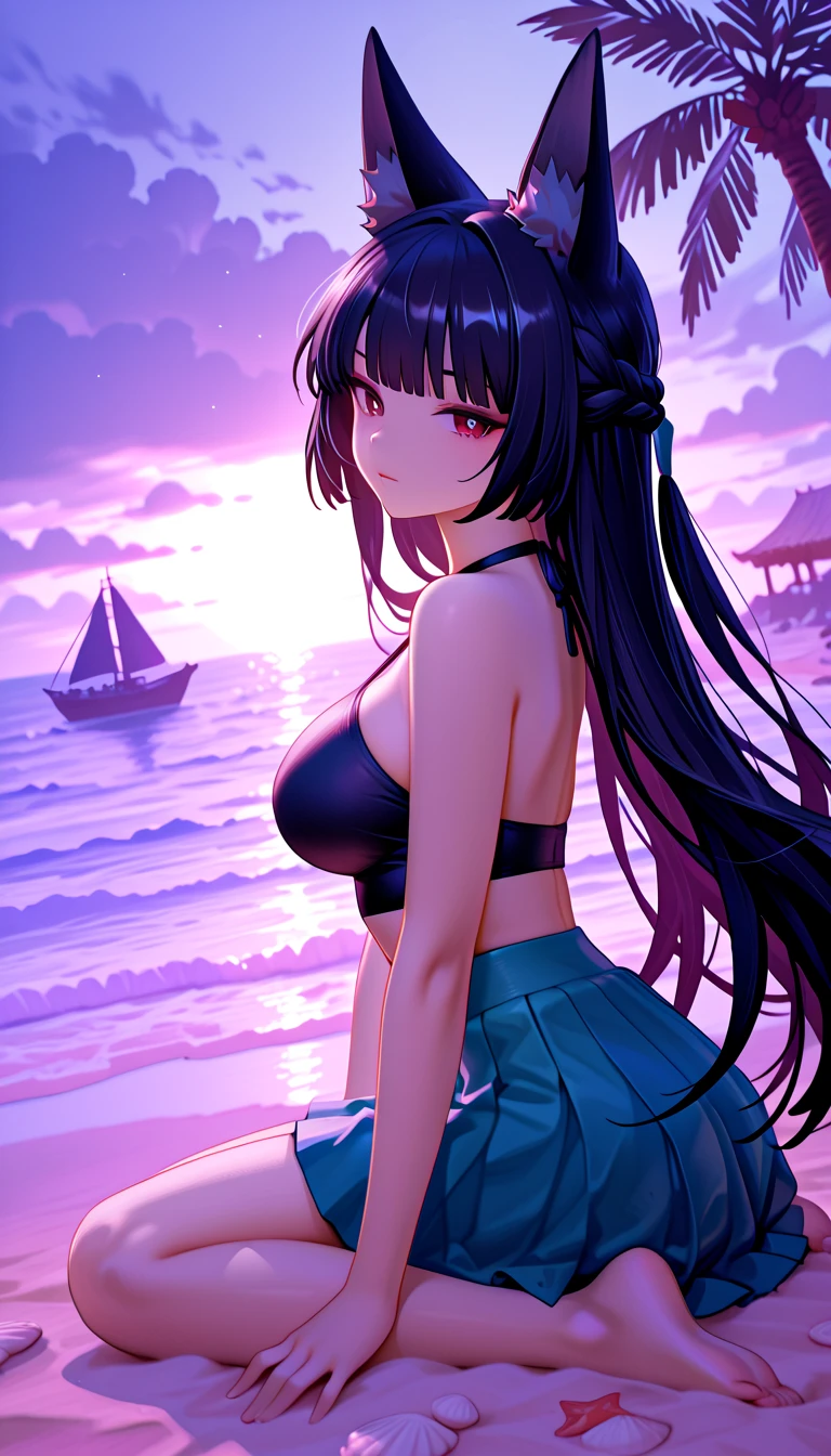 (巨作, Top quality, Best quality), ((pixels,Pixel art)),1girl huge large breasts,Pink Long Hair,the ocean,the setting sun,Bikini swimsuit