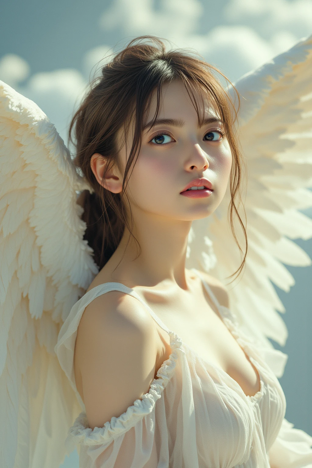 1 girl ,angel, feathers, not wearing clothes, NUDE,(high resolution, Highly detailed, best quality), Medium bust