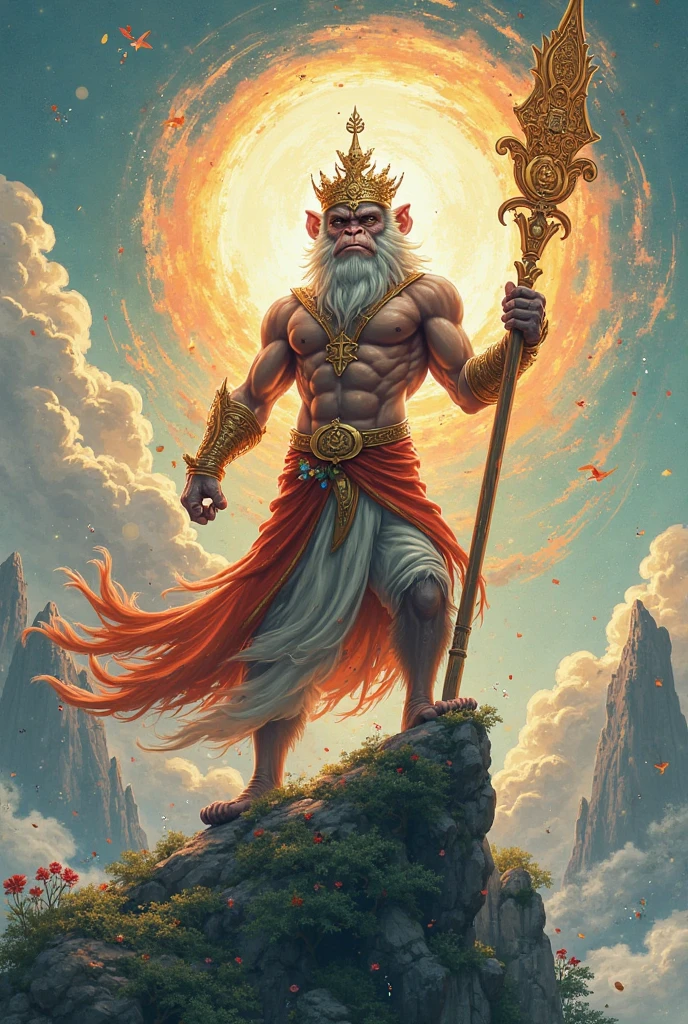 1 Monkey King,Son Goku holds a golden rod,Riding on the clouds、((((Golden Eyes of Fire Eyes:1.5)))),((Full golden rod)),Assumes a flaming armored fighting stance,Red ribbon,Clouds of fire spreading at your feet,masterpiece, (Personification, Monkey King God, Nyoishinkoubo with mythical staff, Chinese mythology),((Thunderclouds in the background)),clouds,8k,High resolution,Detailed detailed view,Very photorealistic,'Black Myth Wukong