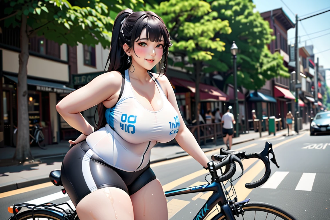 (masterpiece:1.2, best quality), actual, (real picture, intricate details, depth of field), Woman Cycling wearing white bicycle helmet, black hair, purple eyes, curvy woman, Sports and dark blue shorts, Sleek white skintight suit, Wear tight, simple clothes, Tik, nike Cycling suit, White tight T-shirt, wearing a tight shirt, sweaty 4k, Sexy girl wearing shorts, sporty, Cycling!!, Sports and shirts, large breasts, large , biggest breast, huge breast, Thin waist and thick hips, hourglass figure, Buttocks enlargement, Buttocks, purple eyes, purple hair, Pelvis larger than shoulder blades, purple eyes, wide pelvis, fitness model, rosy cheeks, sweat ,