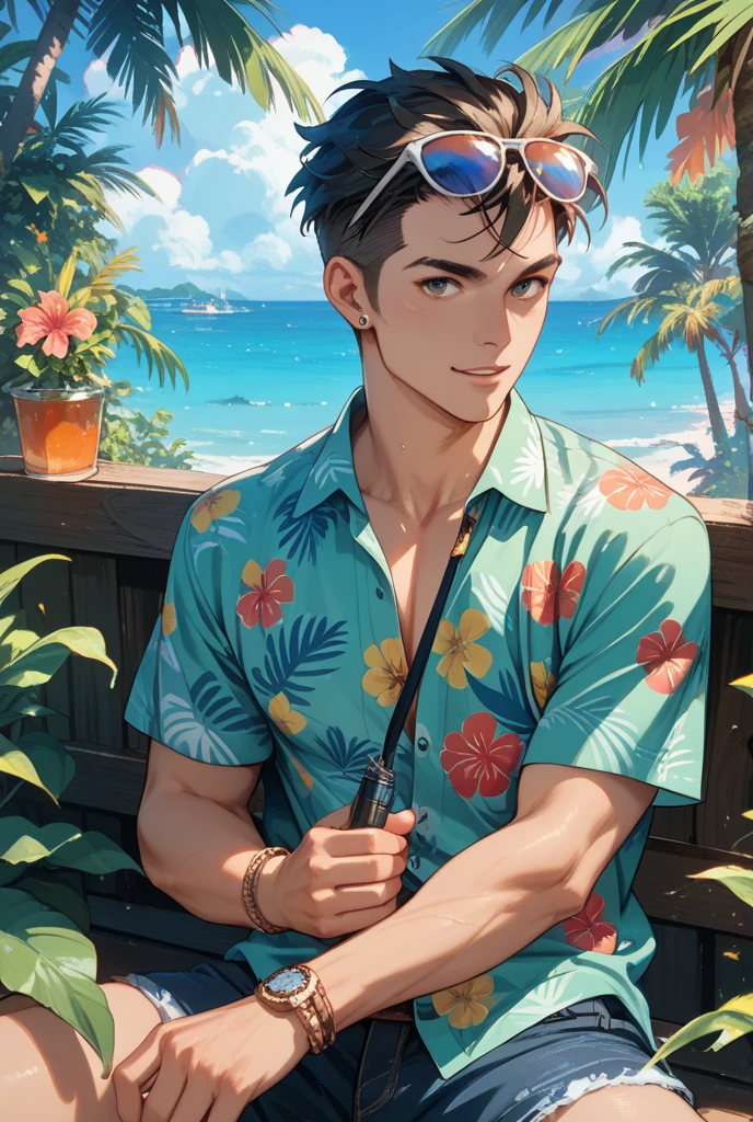 Night, colorful, neon lights hitting the body, a thin teenager in a red flower shirt lying flat on a huge swimming ring, with a lot of fruit placed next to him, cyan eyes, college student, lying flat on an air cushion, reddish-brown hair, short hair, dark red flower shirt clothes open, translucent beach pants, legs open, from above, projected inset, fangs, bandage on, scar across eye, streaked hair,, lying flat all over, eyes open, floating on the pool, backlit, shut up, soda in hand, floating in the middle of the pool, character centered, Red floral shirt, star-shaped pupils, from above, projected inset, cyan eyes