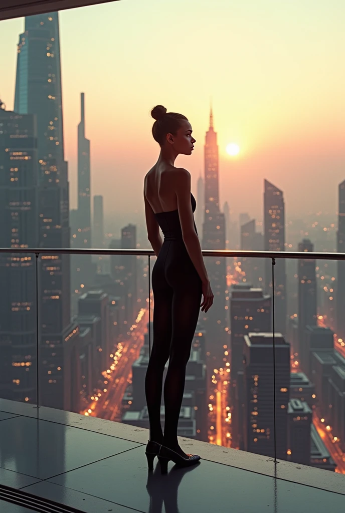 solo, photorealistic, wide shot, best quality, hyper detailed, 25 years old Circasssian woman, mature-looking face, boobies, high detailed deep wrinkles, beauty mark, intricate, (((messy bun blonde))), Circassian facial features, (((she is seductively stood tall and composed on the helipad, her silhouette outlined against the evening sky. The wind tousled her hair gently as she gazed out over the sprawling cityscape below. Her attire, a sleek business suit with a hint of elegance, spoke of purpose and determination. The helipad offered a panoramic view, skyscrapers reaching into the fading light, their windows reflecting the last rays of the setting sun. Far below, cars moved like tiny ants along the bustling streets, their lights beginning to twinkle as dusk settled in))), (((dynamic pose))), she is looking at the camera smiling, (((dynamic pose)))