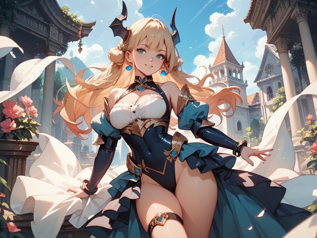 extremely long hair, ponytail, perfect anatomy 1 girl tall solo, slim thick, ((muscular)) high elf toned body, golden breast plate, golden cape, slender abs, hourglass waist, detailed face, defined cheekbones, puffy lips, goldengauntlets, gold crown, shadow over eyes, looking at viewer, masterpiece, white thigh highs lingerie, lustful smirking smile face red blushed red cheeks, 2 high heels feet together