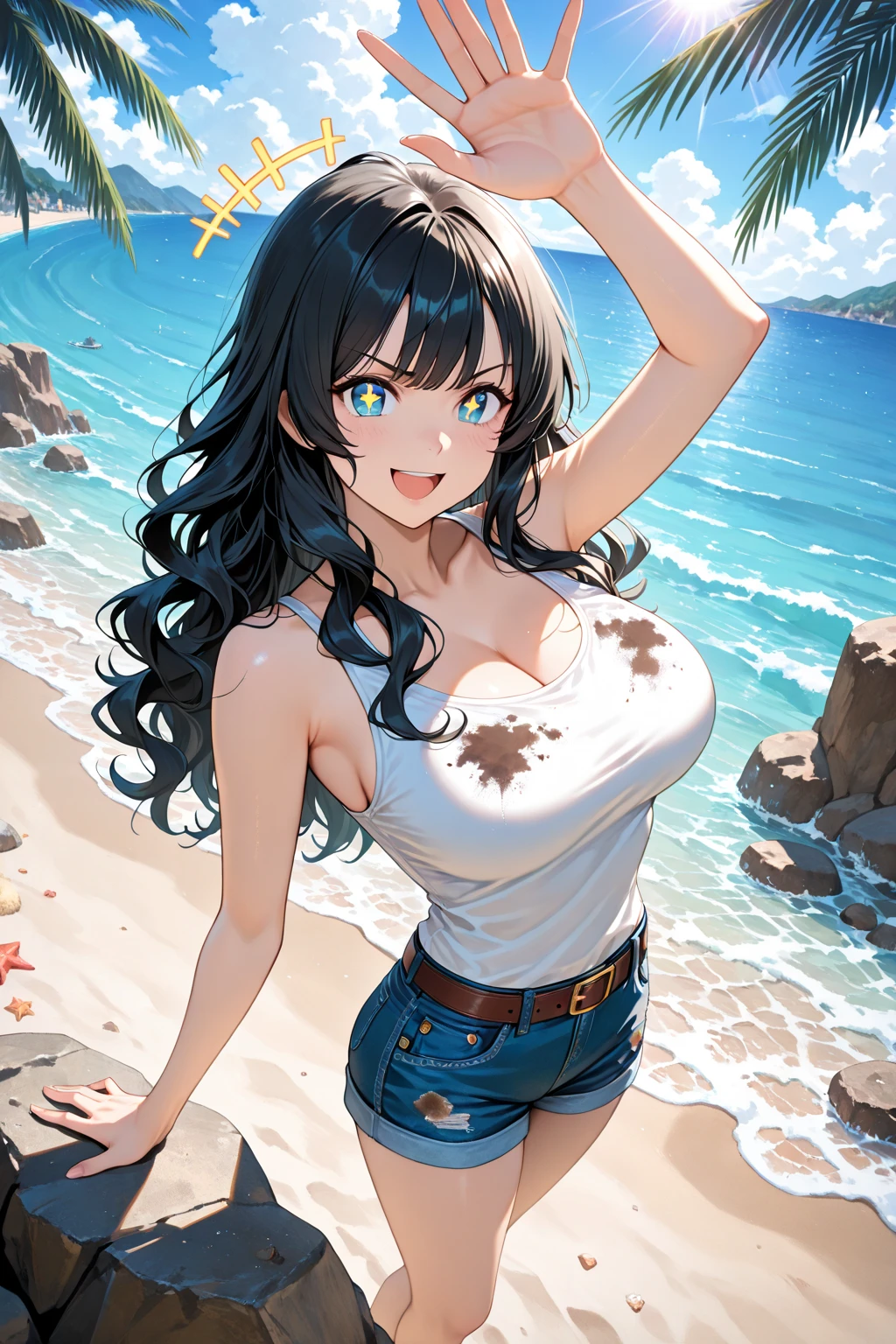 Girl, big breast, waving, background 1 color