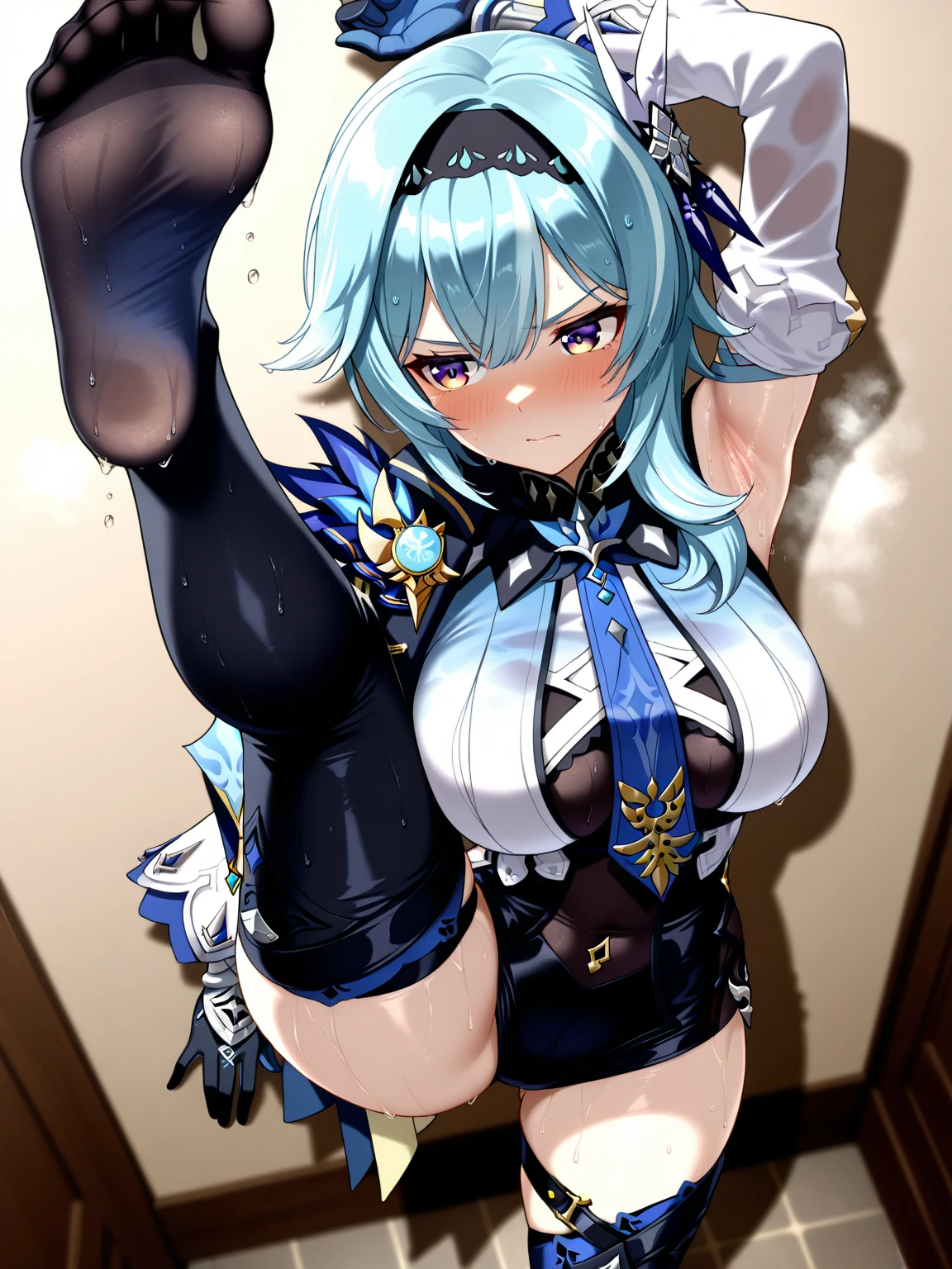 (best quality), (ultra-detailed), (best illustration), (best shadow), masterpiece, high res, (1gir, solo), aqua, blue eyes, blue skirt, green bow, blue shirt, detached sleeves, bare shoulders, hair rings, blue stockings, ponytail, hair ornament , corruption, showgirl skirt, evil smirk, parted lips, cameltoe, skindentation, seductive pose, large breasts, glowing eyes,