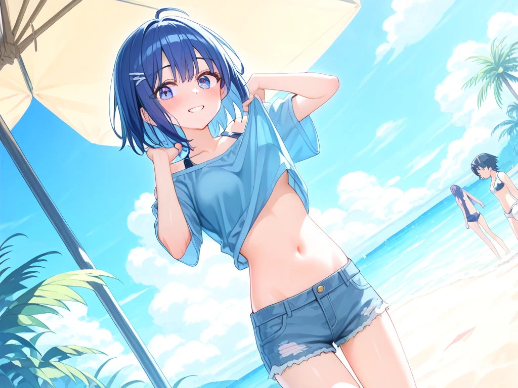 (smile: 1.2), Light blue camisole, mini skirt, Complex pupil, Complex weaving, Detailed Background, Western-style villa, You can see the ocean、Window、summer、