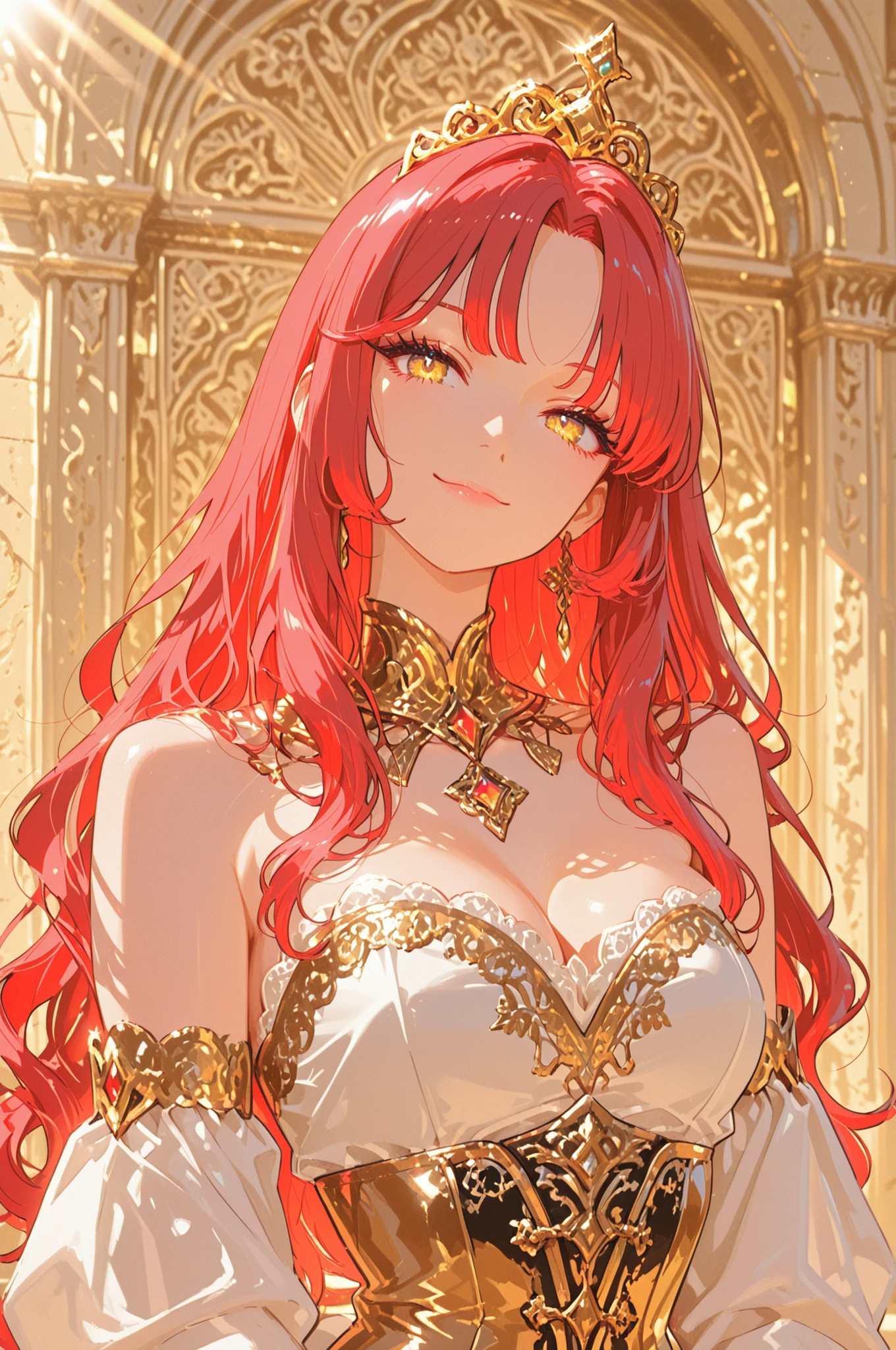 Create a Gorgon with red hair and big breasts her cause is red and long, your face is beautiful and angelic