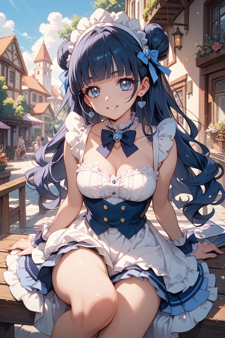 Masterpiece、Highest quality、Super detailed、1 girl、(Big Tits)、Fluffy and soft long hair、Blue Eyes、Cleavage、Navy Blue Hair、Idol、ribbon、In town