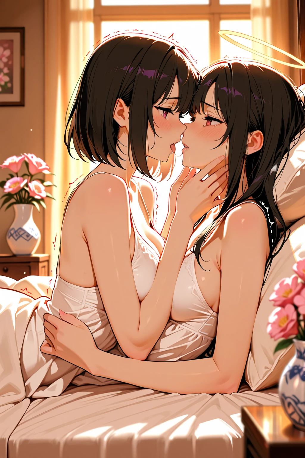 master piece,hyper quality, Hyper Detailed,Perfect drawing,Hi-Res、2People Japan Idol、student clothes、Lovers、Look at each other from the front、((kiss))、(((French kiss)))、Hug each other's breasts as if pushing、stare at each other、Moist eyes、Half-open lips、Beautiful、red blush(0.2)、Functional、seductiv、Trance、demagoguery、Beauty、bustup、Shunguang、、Shot diagonally down from the front、precise drawing、Detailed drawing、Precise human body structure、Locker Room、beatiful backgrounds