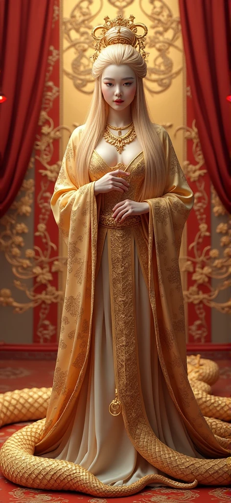 A white snake adorned with luxurious golden decorations. The background is filled with exotic jewels and shimmering gold accessories, and the snake’s scales reflect the light beautifully. A scene with a regal and mystical atmosphere featuring an opulent white snake. Do not anthropomorphize