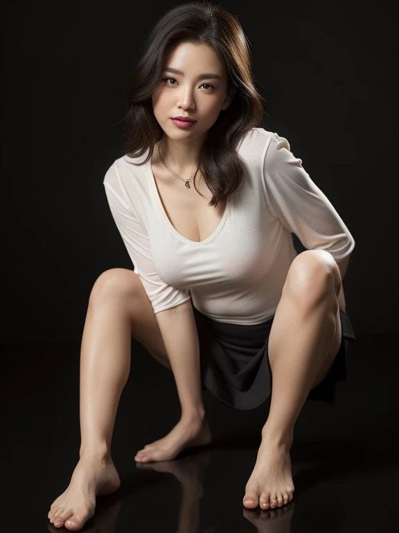 ((High resolution, High resolution, High detail, masterpiece)), Rough skin, Anatomically correct, sharp, White Background ((Japanese Mature, 30 years old)), alone, Shapely large breasts, Straight black hair that reaches the shoulders, Chubby body type, (((Stand upright, from the front)),Black T-shirt, panties,Small nipples、Squat