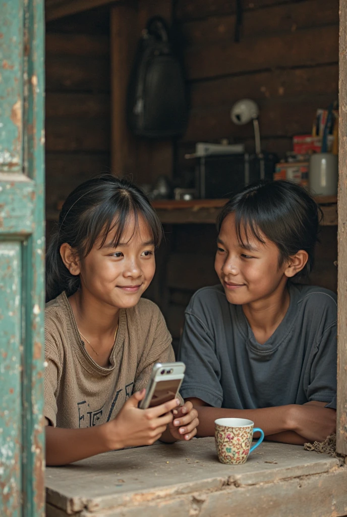 (photorealism:1.2). 2 filipina girls, 1 is 16 years old, other is , sitting on a falling tree. Both wearing a bit dirty clothes, dirty face. Each girl listens to one side of the headphone connect to an old, screen broken phone which the is holding. is having a mental breakdown, crying, cover her face with 1 of her hand. is looking at the other girl with insensitivity