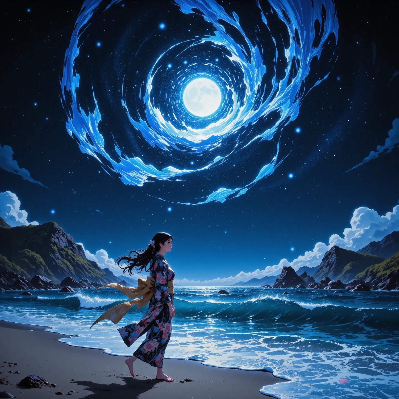 seaside waves drawn with glazing techniques、Woman in kimono walking barefoot on sandy beach。