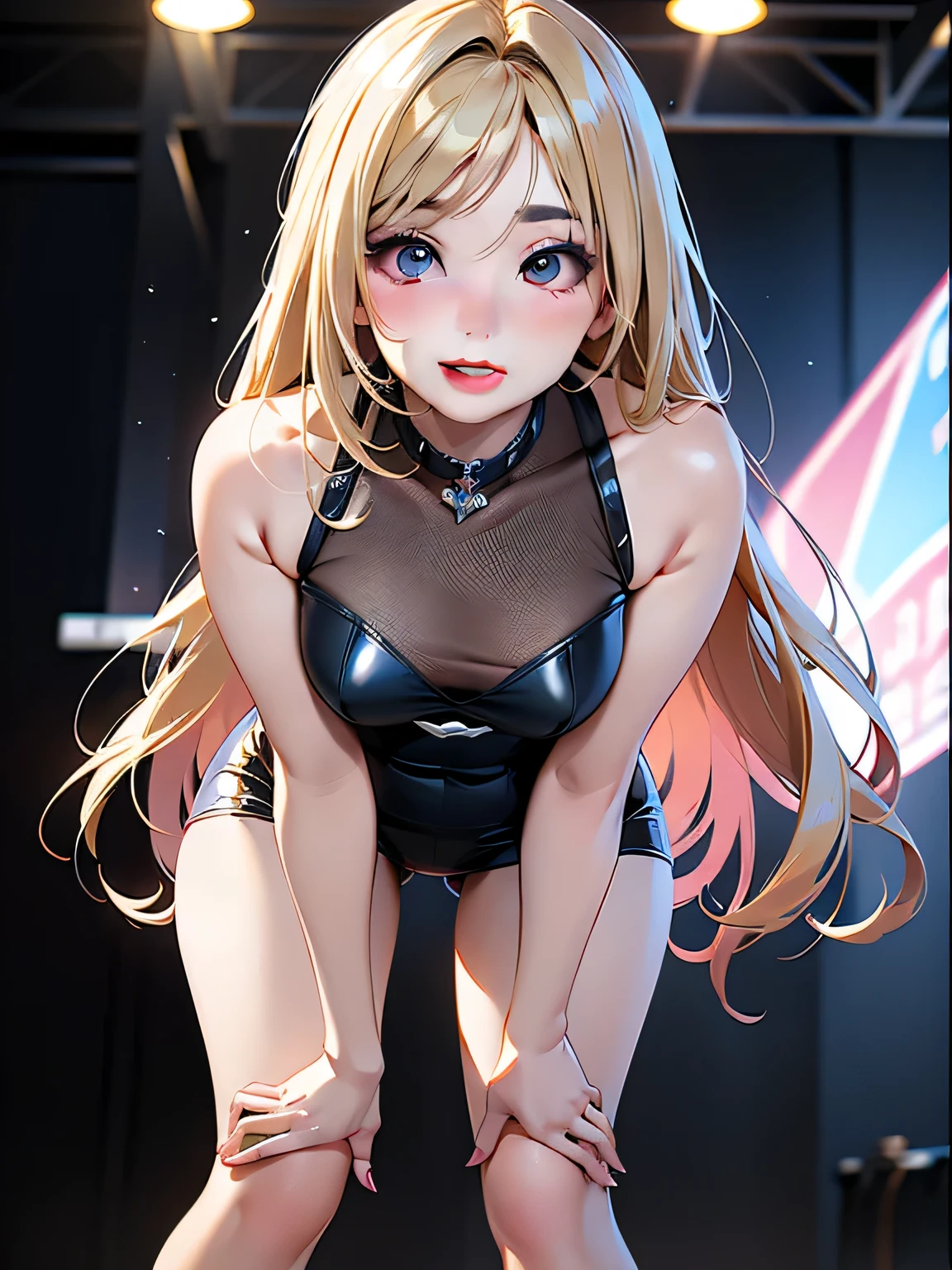 Solo, 1girl, Early 30's, long blonde hair, large heavy breasts, slender toned build, white bodysuit, thigh length socks, (girl bending down looking at camera) cleavage, random background, flirtatious look, ((very detailed)), (perfectly detailed face), (well detailed hand)