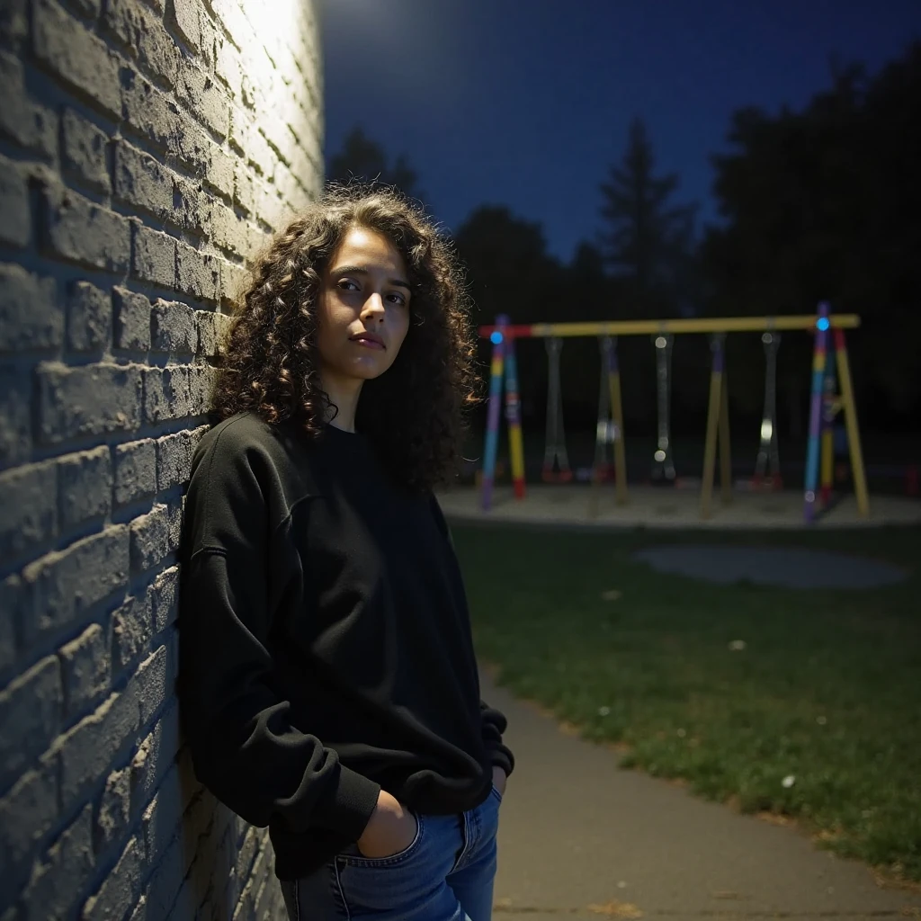 1girl, Solo, cute girl african around 20 years old, black long curly hair,black eyes, denim dress, black cardigan, white shoes, standing pose, park photography, (whole body), RAW Photography, 8k, , Masterpiece, Full Body Shooting, Top Quality, Fine Pore, Realistic, Photorealistic, Ultra Detailed