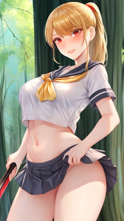 <lora:Terufuu:0.8>, terufuu, long hair, breasts, blush, smile, open mouth, multiple girls, skirt, blonde hair, large breasts, 1girls, medium breasts, underwear, panties, yellow eyes, ponytail, outdoors, open clothes, socks, tree, open shirt, v, saliva, pussy juice,nature, forest, poke ball, panties around one leg, poke ball (basic), bush, when you see it