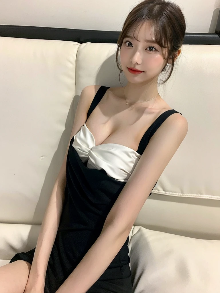 ,(Neat women in formal wear in the hotel lobby.:1.3) They are wearing pearl necklaces and earrings. They carry small black bags.beautiful eyes.One female voice is wearing a party dress revealing her shoulders.Beautiful face. Very realistic photographs.Small but beautiful breast shape. A little cleavage is visible.There are a lot of people around.Dresses in different colours and shapes.,asian girl