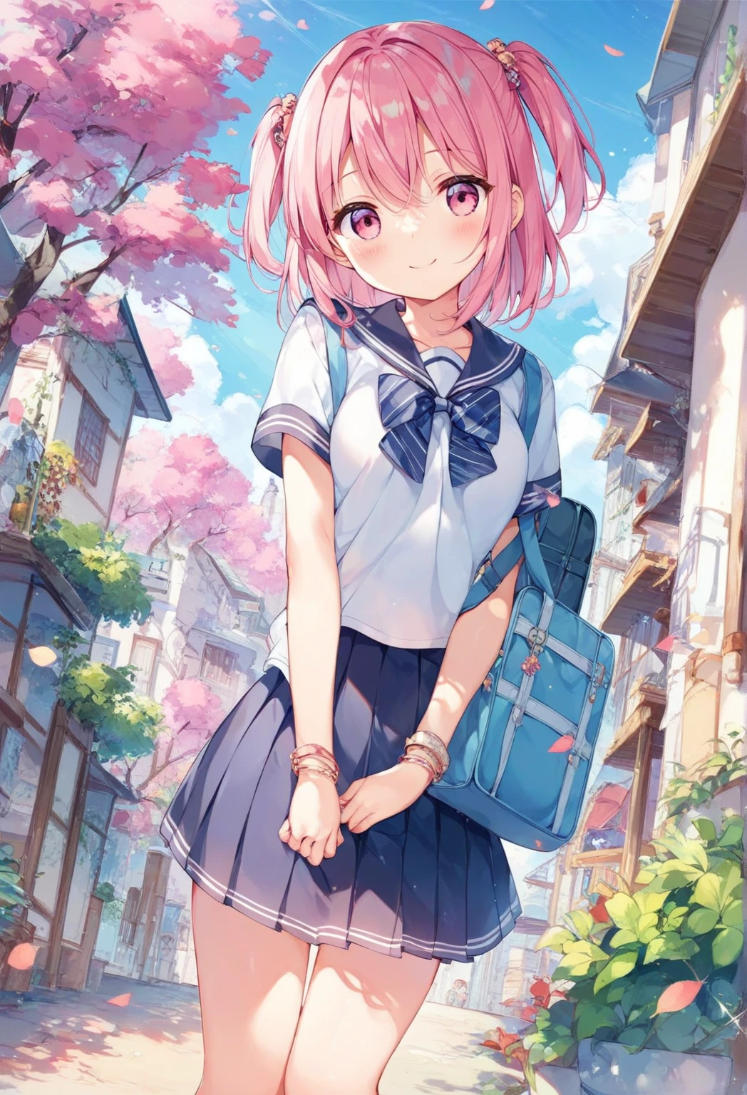 1 girl pink hair blue eyes blue hat cup with pink bunny ears, wings on the back, blue and white Vest with shorts with red ribbon holding a bear stuffed rabbit