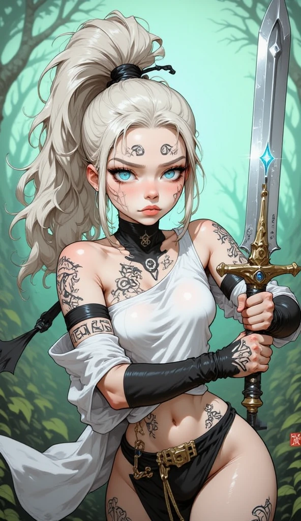 Awesome bright desertpunk punk artwork masterpiece, best quality, high quality, dark skinned woman, freckles, White neon Hair, freckles, light Classic Long ruffled dress, White Sneaker, detailed background, Holding huge swords, final Fantasy sword, vivid, key visual, vibrant, highly detailed