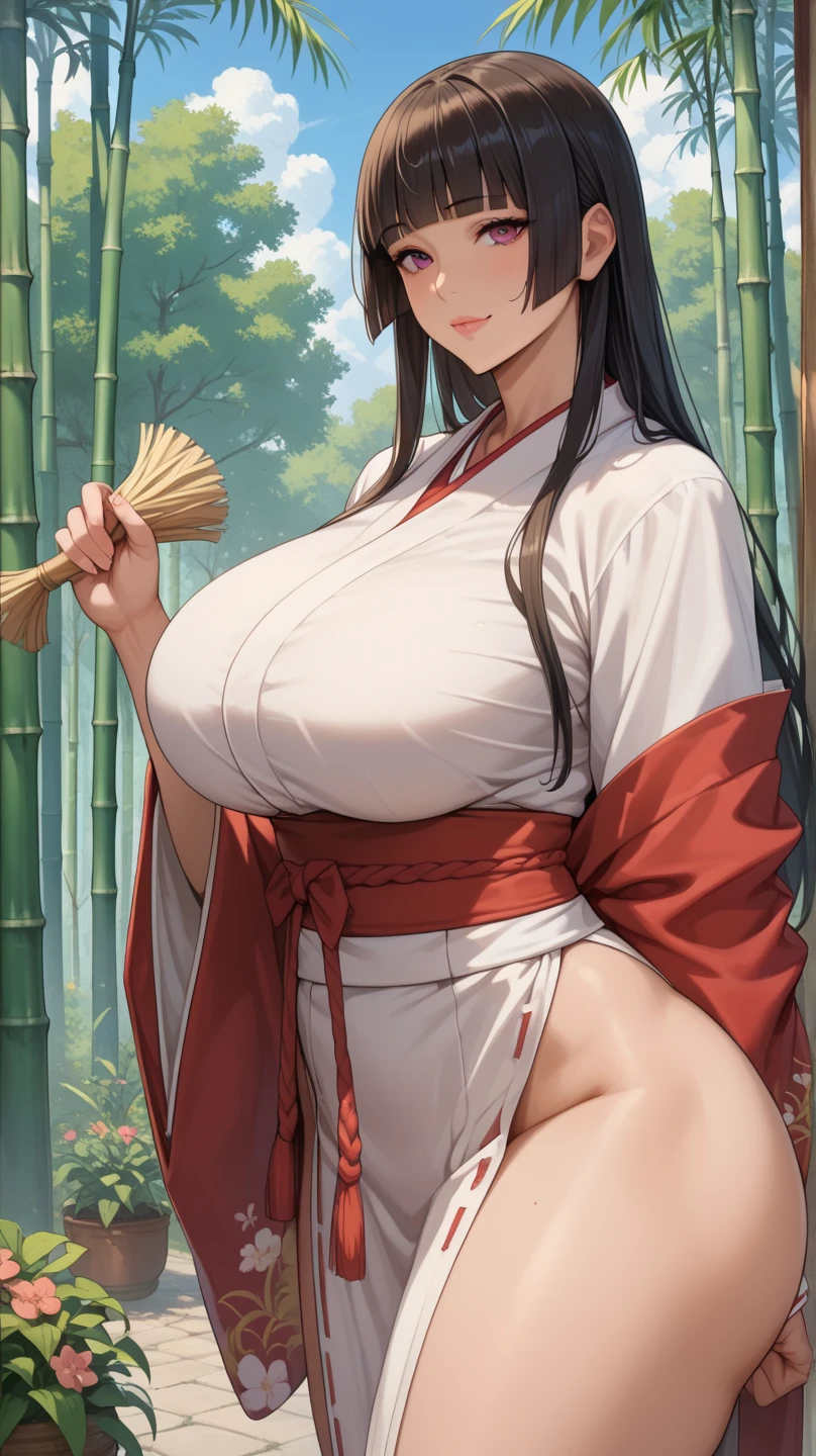 (Best quality, 4k, Masterpiece), hyper realistic, ultra-detailed face, perfect face, perfect eyes, extremely detailed beautiful eyes, shiny eyes, detailed hands and fingers, detailed, cinematic lighting, ((very busty Japanese samurai lady :1.2)), ((thick flowing very long black hair:1.2)), ((side locks, hair tube, hair rings)), curtain bang, beautiful eyes, glossy lipstick, ((coloured lipstick)), big lips, full lips, blue eyes, ((mature woman)), (Voluptuous), (Curvaceous:1.3), (Bimbo), (Milf), ((full body)), (simple smile), sexy, feminine, seductive, alluring, enigmatic, ((gigantic massive natural breasts:1.5)), ((very saggy hanging breasts:1.5)), ((bursting cleavage)), narrow waist, wide hips, thick thighs, huge ass, long legs, scantly samurai armour, katana sword, headband, detailed background, ((NSFW)), Illustration, anime, ((traditional drawing:1,5)), ((sketch:1.2)), ((cowboy shot))
