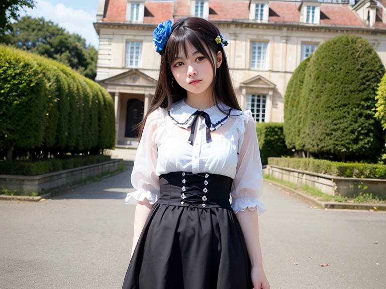 (((masterpiece))), (((highest quality: 1.4))), ((Super detailed: 1.4)) , Ulzzang-6500-v1.1, (RAW Photos:1.2), (Realistic), (See through:1.3), (masterpiece), (Genuine:1.4), Very detailed, Sharp focus, tensura:bright valentine、One beautiful woman, ((Beautiful and shiny silver hair))、Fine grain、Detailed face、((The right eye is red、The left eye is blue))、Gothic Lolita Maid Clothing、Knee-high socks、