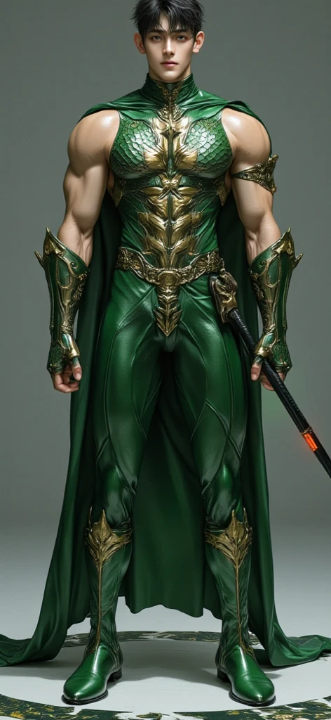 broken [green: white: 0.5] theme, ((gradient background: 1.1))),panorama, full body, best quality, masterpiece, super high resolution, (realism:1.4), absurdity, cinema lighting, a strong man, (((muscle lines))), strong, ((human head))), delicate human face, (anatomically correct), ((glowing glow)), short green hair, green eyes, (snake pattern clothing decoration), ((green shoes)), surrealism, steampunk, Intricate design, extreme detail, fine detail, HDR (High Dynamic Range), Ancient Technology, HDR (High Dynamic Range), Ray Tracing, NVIDIA RTX, Super Resolution, Unreal 5, Subsurface Scattering, PBR Textures, Post-processing, Anisotropic Filtering, Depth of Field, Maximum Clarity and Acutance, Multi-layer Textures, Albedo and Highlight Maps, Surface Shading, Accurate Simulation of Light-Material Interactions, Perfect Ratios, Octane Rendering, Two-tone Lighting, Low ISO, White Balance, Rule of Thirds, wide aperture, 8K RAW, high efficiency sub-pixel, subpixel convolution, luminescent particles, light scattering