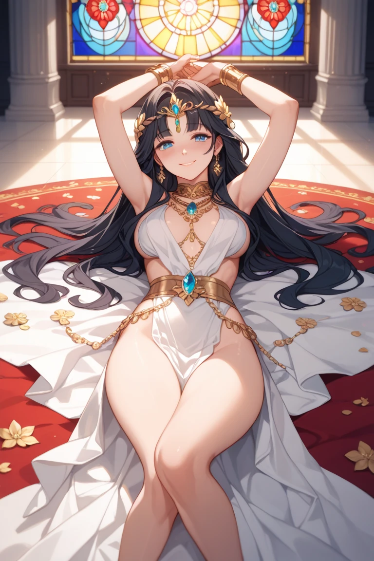1 girl, black hair, wavy hair, hazel eyes, droopy eyes, mature face, ancient egyptian style, see-through, big breasts, cameltoe, no panties, blurry background, petals, bouqet, blushed, light smile, pepperoni nipples, erect nipples, dancing, bounce, areola slip