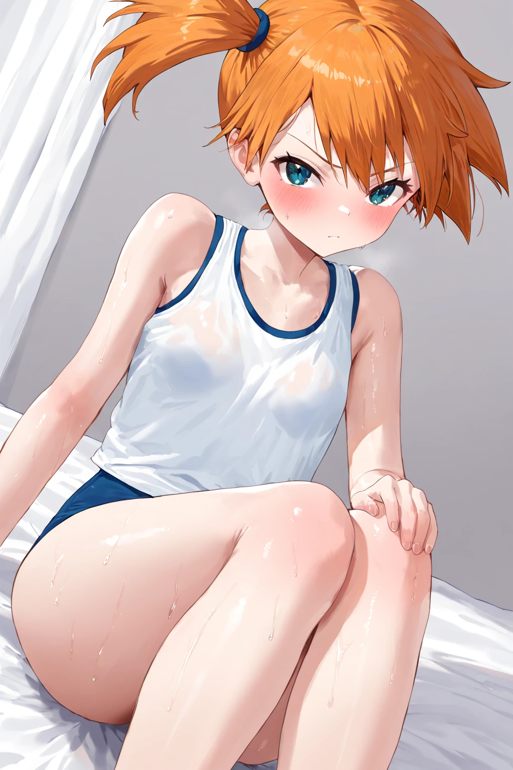 tenma_tsukasa, sukumizu, school swimsuit, undressing, blonde hair, orange eyes, closed mouth, blushing, embarrassed, poolside