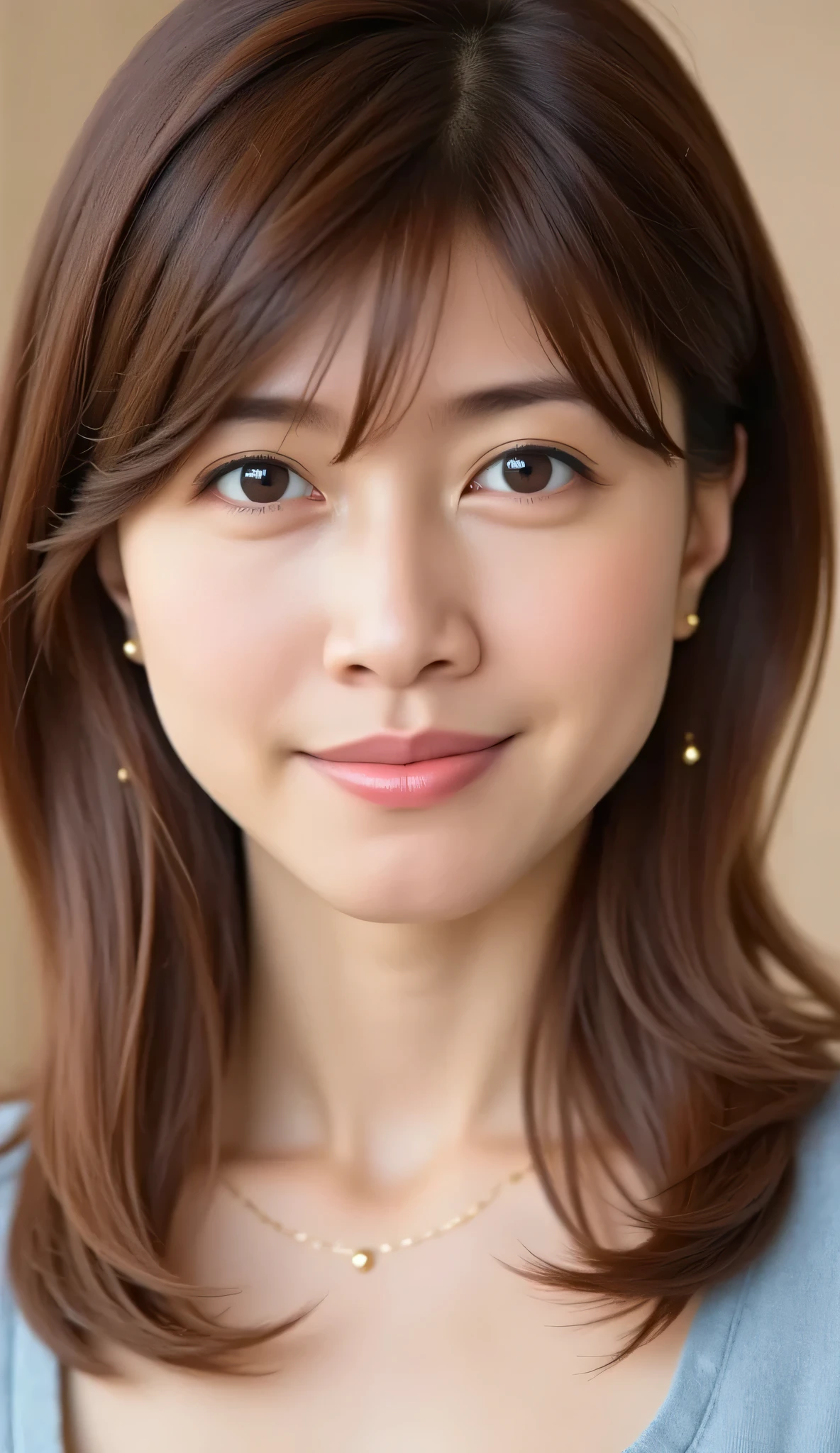 looking at viewer, beautiful skin, beautiful eyes, beautiful face, highly detailed eyes, make up, Brown straight medium hair that reaches her shoulders, masterpiece, Super Details, Best lighting, Realistic and Realistic Pictures, high definition RAW color pictures, slightly smile, Yuki Uchida