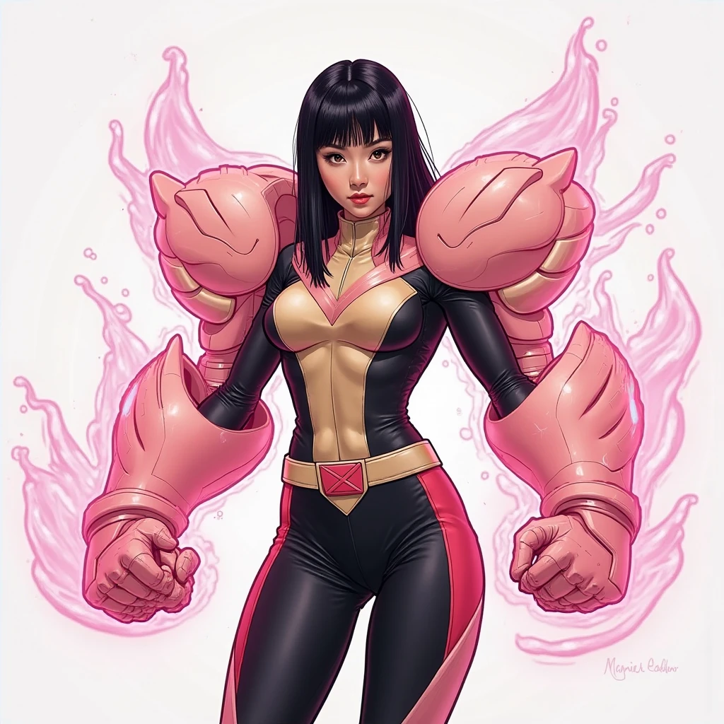 (((A comic style, cartoon art))). Jubilee is wearing her signature outfit. Asian girl, short black hair, brown eyes, wearing yellow overcoat and shorts, huge pink sunglasses, in dynamic funny pose. fire blasts of concentrated plasma energy from your hands (((Hot Body, athletic body, sexy, Camel Toes))), which appears to be pulsing with power. ((abstract comic background)) , vivid colors, detailed, detailed face.