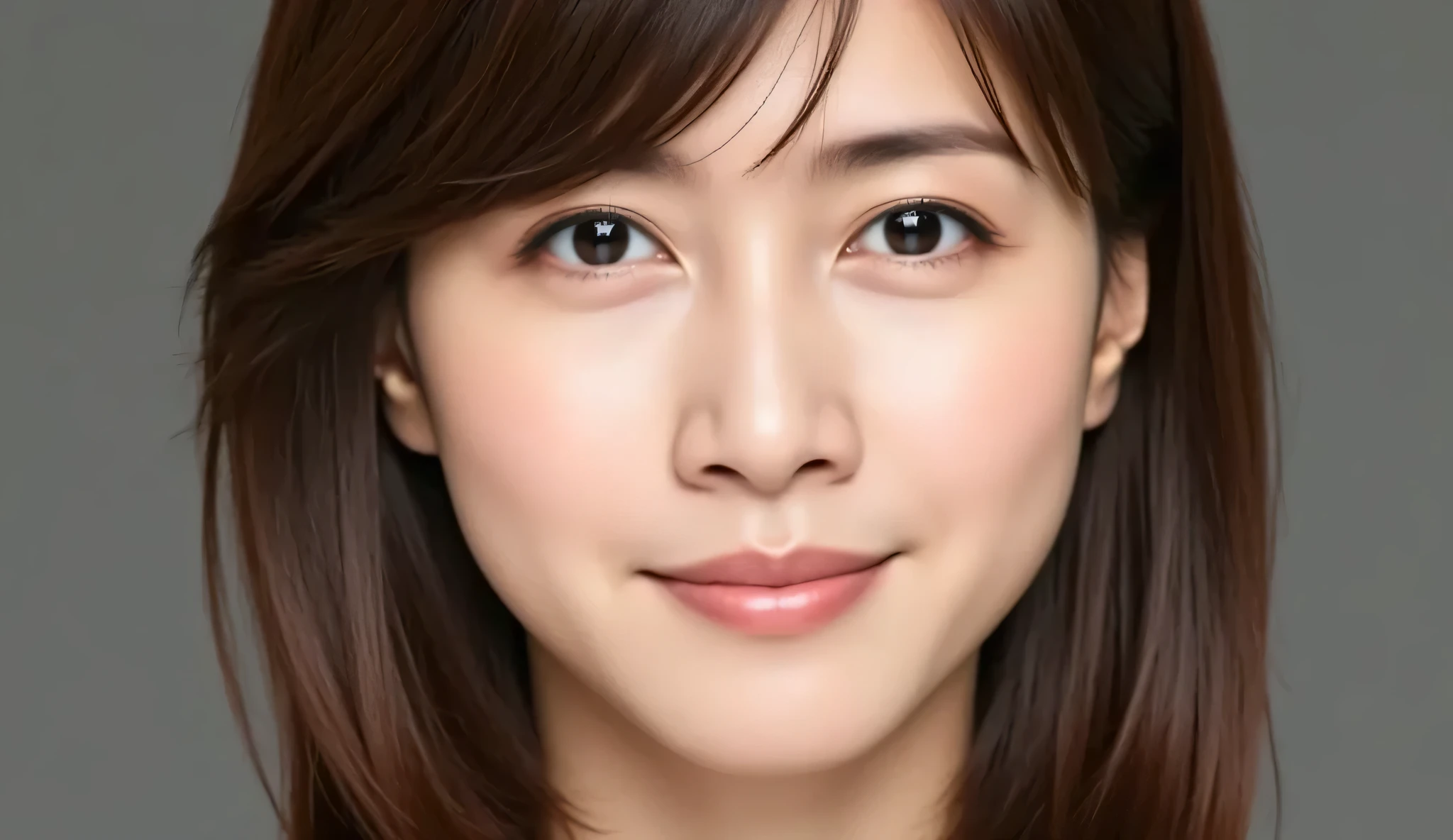 looking at viewer, beautiful skin, beautiful eyes, beautiful face, highly detailed eyes, make up, Brown straight medium hair that reaches her shoulders, masterpiece, Super Details, Best lighting, Realistic and Realistic Pictures, high definition RAW color pictures, slightly smile, Yuki Uchida