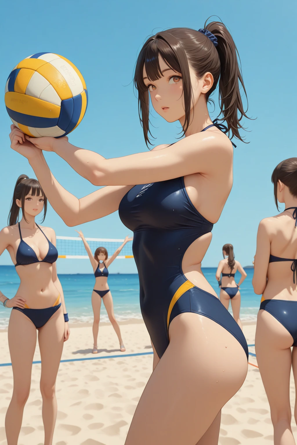 ((Best quality)), ((masterpiece)), (detailed), sports uniforms, athletic body, wide hips, long legs, Large legs, Medium breasts, waist, short hair, Beautiful face, bathing suit, Closed suit